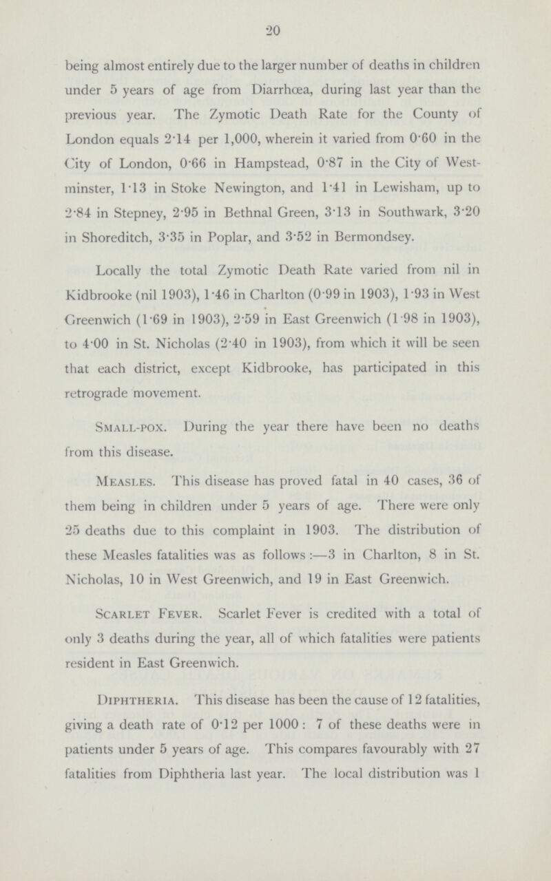 20 being almost entirely due to the larger number of deaths in children under 5 years of age from Diarrhoea, during last year than the previous year. The Zymotic Death Rate for the County of London equals 2.14 per 1,000, wherein it varied from 0.60 in the City of London, 0.66 in Hampstead, 0.87 in the City of West minster, 1.13 in Stoke Newington, and 1.41 in Lewisham, up to 2.84 in Stepney, 2.95 in Bethnal Green, 3.13 in Southwark, 3'20 in Shoreditch, 3.35 in Poplar, and 3.52 in Bermondsey. Locally the total Zymotic Death Rate varied from nil in Kidbrooke (nil 1903), 1.46 in Charlton (0.99 in 1903), 1 93 in West Greenwich (1.69 in 1903), 2.59 in East Greenwich (198 in 1903), to 4.00 in St. Nicholas (2.40 in 1903), from which it will be seen that each district, except Kidbrooke, has participated in this retrograde movement. Small-pox. During the year there have been no deaths from this disease. Measles. This disease has proved fatal in 40 cases, 36 of them being in children under 5 years of age. There were only 25 deaths due to this complaint in 1903. The distribution of these Measles fatalities was as follows:—3 in Charlton, 8 in St. Nicholas, 10 in West Greenwich, and 19 in East Greenwich. Scarlet Fever. Scarlet Fever is credited with a total of only 3 deaths during the year, all of which fatalities were patients resident in East Greenwich. Diphtheria. This disease has been the cause of 12 fatalities, giving a death rate of 0.12 per 1000: 7 of these deaths were in patients under 5 years of age. This compares favourably with 27 fatalities from Diphtheria last year. The local distribution was 1