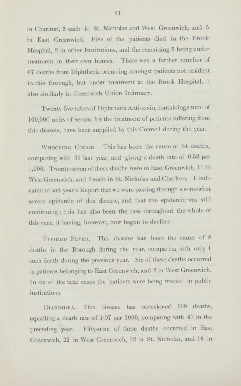 21 in Charlton, 3 each in St. Nicholas and West Greenwich, and 5 in East Greenwich. Five of the patients died in the Brook Hospital, 2 in other Institutions, and the remaining 5 being under treatment in their own homes. There was a further number of 67 deaths from Diphtheria occurring amongst patients not resident in this Borough, but under treatment at the Brook Hospital, 1 also similarly in Greenwich Union Infirmary. Twenty-five tubes of Diphtheria Anti-toxin, containing a total of 100,000 units of serum, for the treatment of patients suffering from this disease, have been supplied by this Council during the year. Whooping Cough. This has been the cause of 54 deaths, comparing with 37 last year, and giving a death rate of 0.53 per 1,000. Twenty-seven of these deaths were in East Greenwich, 11 in West Greenwich, and 8 each in St. Nicholas and Charlton. I indi cated in last year's Report that we were passing through a somewhat severe epidemic of this disease, and that the epidemic was still continuing; this has also been the case throughout the whole of this year, it having, however, now begun to decline. Typhoid Fever. This disease has been the cause of 8 deaths in the Borough during the year, comparing with only 1 such death during the previous year. Six of these deaths occurred in patients belonging to East Greenwich, and 2 in West Greenwich. In six of the fatal cases the patients were being treated in public institutions. Diarrhœa. This disease has occasioned 109 deaths, equalling a death rate of 1.07 per 1000, comparing with 67 in the preceding year. Fifty-nine of these deaths occurred in East Greenwich, 22 in West Greenwich, 12 in St. Nicholas, and 16 in