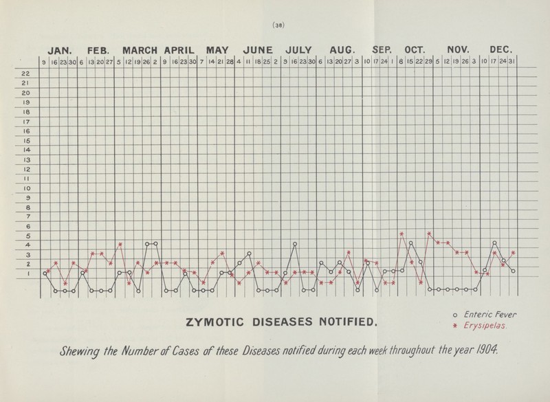 (38) Shewing the Number of Cases of these Diseases notified during each week throughout the year 1904.