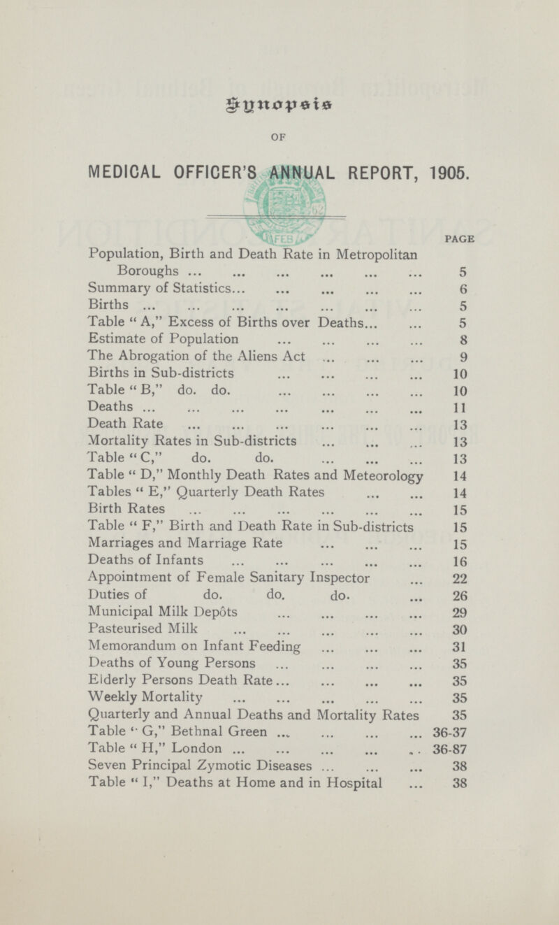 Synopsis of MEDICAL OFFICER'S ANNUAL REPORT, 1905. ' PAGE Population, Birth and Death Rate in Metropolitan Boroughs 5 Summary of Statistics 6 Births 5 Table A, Excess of Births over Deaths 5 Estimate of Population 8 The Abrogation of the Aliens Act 9 Births in Sub-districts 10 Table B, do. do 10 Deaths 11 Death Rate 13 Mortality Rates in Sub-districts 13 Table C, do. do. 13 Table D, Monthly Death Rates and Meteorology 14 Tables E, Quarterly Death Rates 14 Birth Rates 15 Table F, Birth and Death Rate in Sub-districts 15 Marriages and Marriage Rate 15 Deaths of Infants 16 Appointment of Female Sanitary Inspector 22 Duties of do. do. do. 26 Municipal Milk Depots 29 Pasteurised Milk 30 Memorandum on Infant Feeding 31 Deaths of Young Persons 35 Elderly Persons Death Rate 35 Weekly Mortality 35 Quarterly and Annual Deaths and Mortality Rates 35 Table G, Bethnal Green 36-37 Table H, London 36-87 Seven Principal Zymotic Diseases 38 Table I, Deaths at Home and in Hospital 38