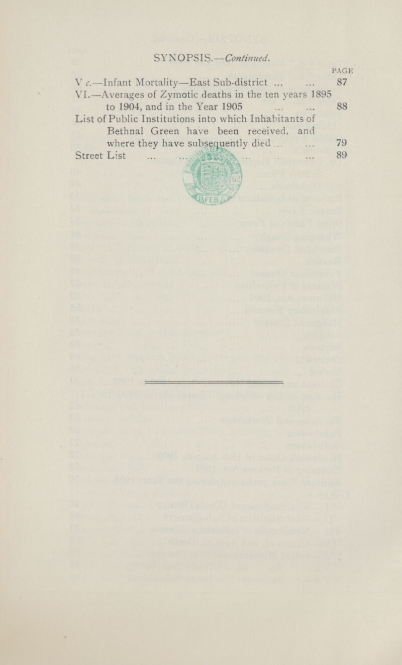 SYNOPSIS.— Continued. page V c.— Infant Mortality—East Sub-district 87 VI.— Averages of Zymotic deaths in the ten years 1895 to 1904, and in the Year 1905 88 List of Public Institutions into which Inhabitants of Bethnal Green have been received, and where they have subsequently died 79 Street List 89