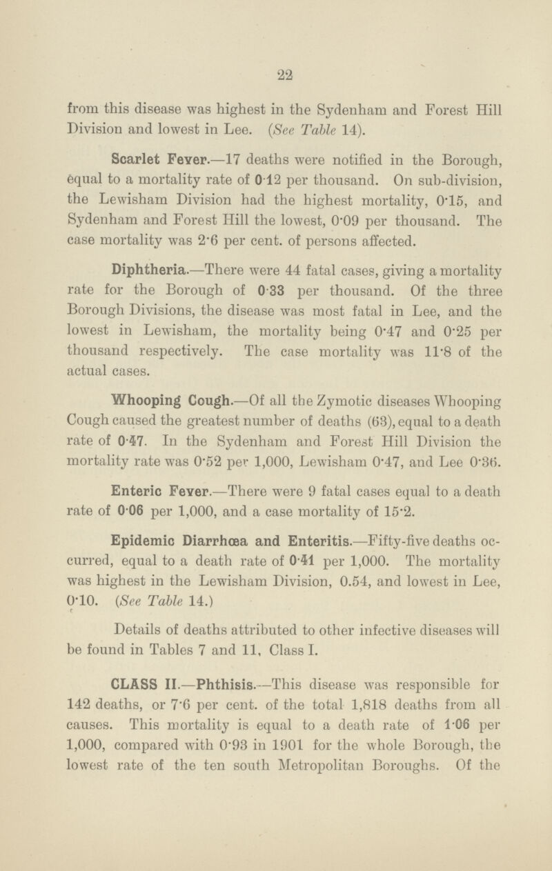 22 from this disease was highest in the Sydenham and Forest Hill Division and lowest in Lee. (See Table 14). Scarlet FeYer.—17 deaths were notified in the Borough, equal to a mortality rate of 012 per thousand. On sub-division, the Lewisham Division had the highest mortality, 0.15, and Sydenham and Forest Hill the lowest, 0.09 per thousand. The case mortality was 2.6 per cent. of persons affected. Diphtheria.—There were 44 fatal cases, giving a mortality rate for the Borough of 0 33 per thousand. Of the three Borough Divisions, the disease was most fatal in Lee, and the lowest in Lewisham, the mortality being 0.47 and 0.25 per thousand respectively. The case mortality was 11.8 of the actual cases. Whooping Cough.—Of all the Zymotic diseases Whooping Cough caused the greatest number of deaths (63), equal to a death rate of 0.47. In the Sydenham and Forest Hill Division the mortality rate was 0.52 per 1,000, Lewisham 0.47, and Lee 0.36. Enteric Fever.—There were 9 fatal cases equal to a death rate of 0.06 per 1,000, and a case mortality of 15.2. Epidemic Diarrhoea and Enteritis.—Fifty-five deaths oc curred, equal to a death rate of 0 41 per 1,000. The mortality was highest in the Lewisham Division, 0.54, and lowest in Lee, 0.10. (See Table 14.) Details of deaths attributed to other infective diseases will be found in Tables 7 and 11, Class I. CLASS II.—Phthisis.—This disease was responsible for 142 deaths, or 7.6 per cent. of the total 1,818 deaths from all causes. This mortality is equal to a death rate of 106 per 1,000, compared with 0.93 in 1901 for the whole Borough, the lowest rate of the ten south Metropolitan Boroughs. Of the