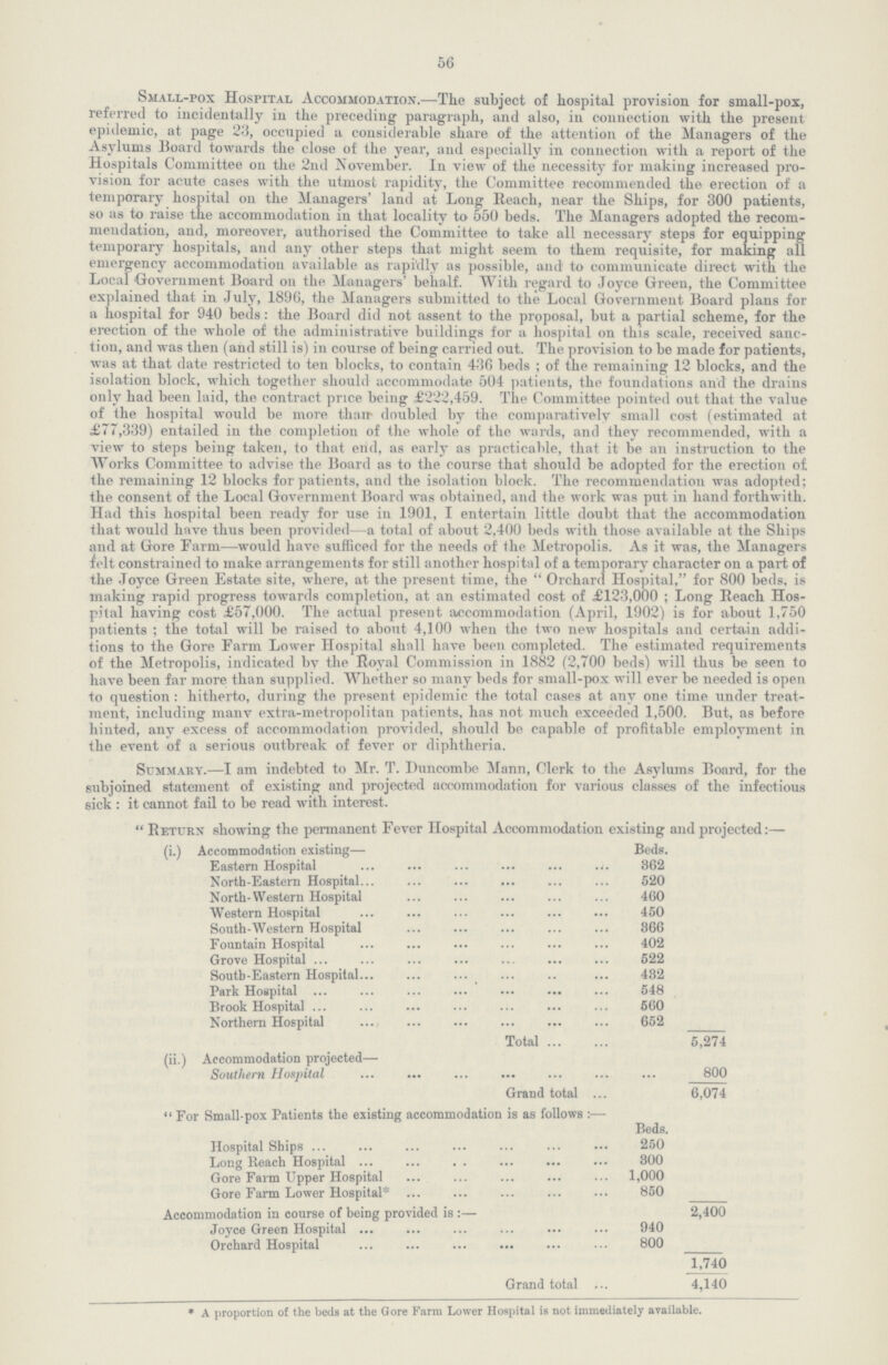 56 Small-pox Hospital Accommodation.—The subject of hospital provision for small-pox, referred to incidentally in the preceding paragraph, and also, in connection with the present epidemic, at page 23, occupied a considerable share of the attention of the Managers of the Asylums Board towards the close of the year, and especially in connection with a report of the Hospitals Committee on the 2nd November. In view of the necessity for making increased pro vision for acute cases with the utmost rapidity, the Committee recommended the erection of a temporary hospital on the Managers' land at Long Reach, near the Ships, for 300 patients, so as to raise the accommodation in that locality to 550 beds. The Managers adopted the recom mendation, and, moreover, authorised the Committee to take all necessary steps for equipping temporary hospitals, and any other steps that might seem to them requisite, for making all emergency accommodation available as rapidly as possible, and to communicate direct with the Local Government Board on the Managers' behalf. With regard to Joyce Green, the Committee explained that in July, 1896, the Managers submitted to the Local Government Board plans for a hospital for 940 beds: the Board did not assent to the proposal, but a partial scheme, for the erection of the whole of the administrative buildings for a hospital on this scale, received sanc tion, and was then (and still is) in course of being carried out. The provision to be made for patients, was at that date restricted to ten blocks, to contain 436 beds ; of the remaining 12 blocks, and the isolation block, which together should accommodate 504 patients, the foundations and the drains only had been laid, the contract price being £222,459. The Committee pointed out that the value of the hospital would be more than doubled by the comparatively small cost (estimated at £77,339) entailed in the completion of the whole of the wards, and they recommended, with a view to steps being taken, to that end, as early as practicable, that it be an instruction to the Works Committee to advise the Board as to the course that should be adopted for the erection of the remaining 12 blocks for patients, and the isolation block. The recommendation was adopted; the consent of the Local Government Board was obtained, and the work was put in hand forthwith. Had this hospital been ready for use in 1901, I entertain little doubt that the accommodation that would have thus been provided—a total of about 2,400 beds with those available at the Ships and at Gore Farm—would have sufficed for the needs of the Metropolis. As it was, the Managers felt constrained to make arrangements for still another hospital of a temporary character on a part of the Joyce Green Estate site, where, at the present time, the  Orchard Hospital, for 800 beds, is making rapid progress towards completion, at an estimated cost of £123,000 ; Long Reach Hos pital having cost £57,000. The actual present accommodation (April, 1902) is for about 1,750 patients ; the total will be raised to about 4,100 when the two new hospitals and certain addi tions to the Gore Farm Lower Hospital shall have been completed. The estimated requirements of the Metropolis, indicated bv the Royal Commission in 1882 (2,700 beds) will thus be seen to have been far more than supplied. Whether so many beds for small-pox will ever be needed is open to question : hitherto, during the present epidemic the total cases at any one time under treat ment, including manv extra-metropolitan patients, has not much exceeded 1,500. But, as before hinted, any excess of accommodation provided, should be capable of profitable employment in the event of a serious outbreak of fever or diphtheria. Summary.—I am indebted to Mr. T. Buncombe Mann, Clerk to the Asylums Board, for the subjoined statement of existing and projected accommodation for various classes of the infectious 6ick : it cannot fail to be read with interest. Return showing the permanent Fever Hospital Accommodation existing and projected:— (i.) Accommodation existing— Beds. Eastern Hospital 862 North-Eastern Hospital 520 North-Western Hospital 460 Western Hospital 450 South-Western Hospital 866 Fountain Hospital 402 Grove Hospital 522 South-Eastern Hospital 482 Park Hospital 548 Brook Hospital 560 Northern Hospital 652 Total 5,274 (ii.) Accommodation projected— Southern Hospital 800 Grand total 6,074  For Small-pox Patients the existing accommodation is as follows:— Beds. Hospital Ships 250 Long Reach Hospital 300 Gore Farm Upper Hospital 1,000 Gore Farm Lower Hospital* 850 Accommodation in course of being provided is:— 2,400 Joyce Green Hospital 940 Orchard Hospital 800 1,740 Grand total 4,140 * A proportion of the beds at the Gore Farm Lower Hospital is not immediately available.