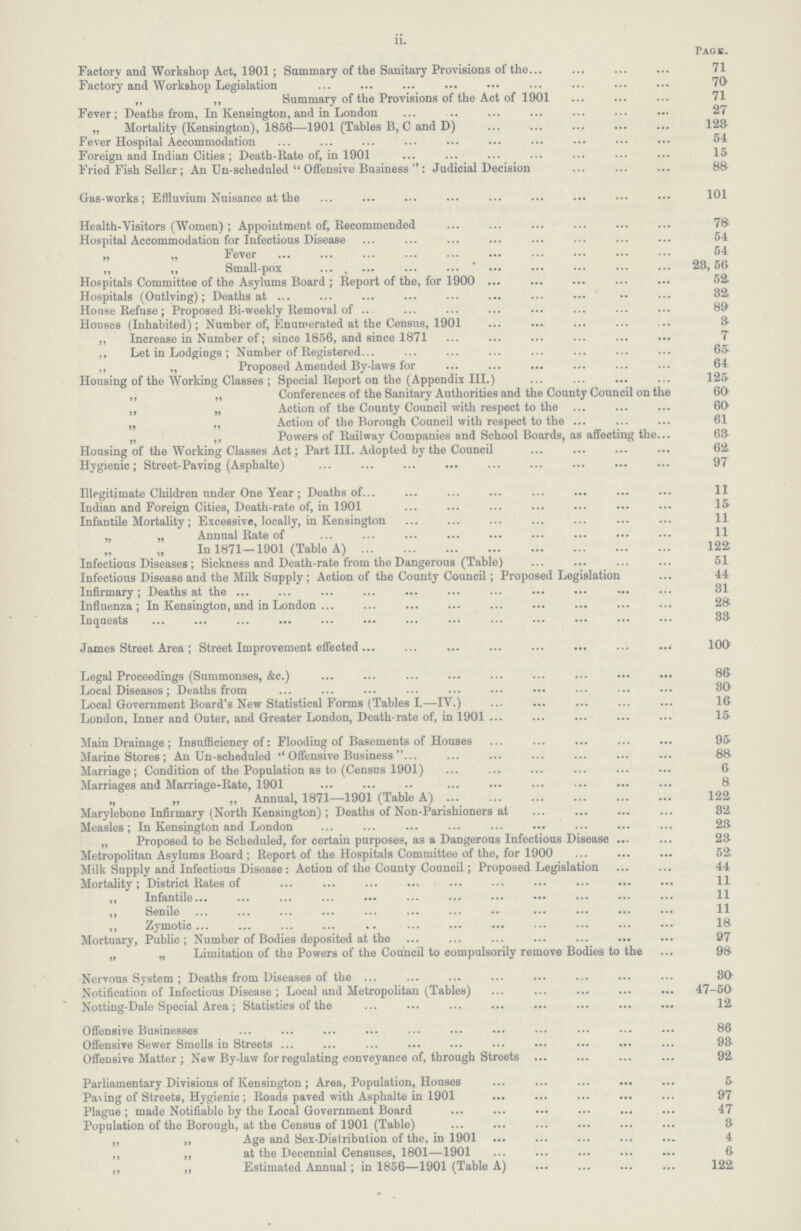 ii. Page. Factory and Workshop Act, 1901; Summary of the Sanitary Provisions of the 71 Factory and Workshop Legislation 70 ,, „ Summary of the Provisions of the Act of 1901 71 Fever; Deaths from, In Kensington, and in London 27 „ Mortality (Kensington), 1856—1901 (Tables B, C and D) 123 Fever Hospital Accommodation 54 Foreign and Indian Cities; Death-Rate of, in 1901 15 Fried Fish Seller ; An Un-scheduled Offensive Business  : Judicial Decision 88 Gas-works; Effluvium Nuisance at the 101 Health-Visitors (Women) ; Appointment of, Recommended 78 Hospital Accommodation for Infectious Disease 54 „ „ Fever 54 „ ,, Small-pox 28,56 Hospitals Committee of the Asylums Board ; Report of the, for 1900 52. Hospitals (Outlying); Deaths at 32 House Refuse; Proposed Bi-weekly Removal of 89 Houses (Inhabited); Number of, Enumerated at the Census, 1901 3 „ Increase in Number of; since 1856, and since 1871 7 ,, Let in Lodgings; Number of Registered 65 ,, „ Proposed Amended By-laws for 64 Housing of the Working Classes ; Special Report on the (Appendix III.) 125 ,, „ Conferences of the Sanitary Authorities and the County Council on the 60 „ „ Action of the County Council with respect to the 60 „ „ Action of the Borough Council with respect to the 61 „ ,, Powers of Railway Companies and School Boards, as affecting the 63 Housing of the Working Classes Act; Part III. Adopted by the Council 62 Hygienic; Street-Paving (Asphalte) 97 Illegitimate Children under One Year; Deaths of 11 Indian and Foreign Cities, Death-rate of, in 1901 15 Infantile Mortality; Excessive, locally, in Kensington 11 „ „ Annual Rate of 11 „ „ In 1871—1901 (Table A) 122 Infectious Diseases; Sickness and Death-rate from the Dangerous (Table) 51 Infectious Disease and the Milk Supply; Action of the County Council ; Proposed Legislation 44 Infirmary; Deaths at the 31 Influenza; In Kensington, and in London 28 Inquests 33 James Street Area; Street Improvement effected 100 Legal Proceedings (Summonses, &c.) 86 Local Diseases; Deaths from 30 Local Government Board's New Statistical Forms (Tables I.—IV.) 16 London, Inner and Outer, and Greater London, Death-rate of, in 1901 15 Main Drainage ; Insufficiency of: Flooding of Basements of Houses 95 Marine Stores; An Un-scheduled Offensive Business 88 Marriage; Condition of the Population as to (Census 1901) 6 Marriages and Marriage-Rate, 1901 8 „ „ Annual, 1871—1901 (Table A) 122 Marylebone Infirmary (North Kensington) ; Deaths of Non-Parishioners at 32 Measles; In Kensington and London 23 „ Proposed to be Scheduled, for certain purposes, as a Dangerous Infectious Disease 23 Metropolitan Asylums Board ; Report of the Hospitals Committee of the, for 1900 52 Milk Supply and Infectious Disease : Action of the County Council; Proposed Legislation 44 Mortality; District Rates of 11 ,, Infantile 11 ,, Senile 11 ,, Zymotic 18 Mortuary, Public; Number of Bodies deposited at the 97 „ „ Limitation of the Powers of the Council to compulsorily remove Bodies to the 98 Nervous System; Deaths from Diseases of the 30 Notification of Infectious Disease ; Local and Metropolitan (Tables) 47-50 Notting-Dale Special Area; Statistics of the 12 Offensive Businesses 86 Offensive Sewer Smells in Streets 93 Offensive Matter ; New By-law for regulating conveyance of, through Streets 92 Parliamentary Divisions of Kensington; Area, Population, Houses 5 Pa\ing of Streets, Hygienic; Roads paved with Asphalte in 1901 97 Plague; made Notifiable by the Local Government Board 47 Population of the Borough, at the Census of 1901 (Table) 3 „ „ Age and Sex-Distribution of the, in 1901 4 ,, ,, at the Decennial Censuses, 1801—1901 6 „ „ Estimated Annual; in 1856—1901 (Table A) 122