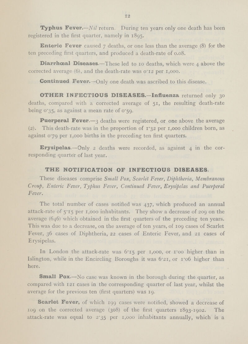 12 Typhus Fever.—Nil return. During ten years only one death has been registered in the first quarter, namely in 1895. Enteric Fever caused 7 deaths, or one less than the average (8) for the ten preceding first quarters, and produced a death-rate of 0.08. Diarrhœal Diseases.—These led to 10 deaths, which were 4 above the corrected average (6), and the death-rate was 0.12 per 1,000. Continued Fever.—Only one death was ascribed to this disease. OTHER INFECTIOUS DISEASES.—Influenza returned only 30 deaths, compared with a corrected average of 51, the resulting death-rate being 0.35, as against a mean rate of 0.59. Puerperal Fever.—3 deaths were registered, or one above the average (2). This death-rate was in the proportion of 1.32 per 1,000 children born, as against 079 per 1,000 births in the preceding ten first quarters. Erysipelas.—Only 2 deaths were recorded, as against 4 in the cor responding quarter of last year. THE NOTIFICATION OF INFECTIOUS DISEASES. These diseases comprise Small Pox, Scarlet Fever, Diphtheria, Membranous Croup, Enteric Fever, Typhus Fever, Continued Fever, Erysipelas and Puerperal Fever. The total number of cases notified was 437, which produced an annual attack-rate of 5.15 per 1,000 inhabitants. They show a decrease of 209 on the average (646) which obtained in the first quarters of the preceding ten years. This was due to a decrease, on the average of ten years, of 109 cases of Scarlet Fever, 36 cases of Diphtheria, 22 cases of Enteric Fever, and 21 cases of Erysipelas. In London the attack-rate was 6.15 per 1,000, or 1.00 higher than in Islington, while in the Encircling Boroughs it was 6.21, or 1.06 higher than here. Small Pox.—No case was known in the borough during the quarter, as compared with 121 cases in the corresponding quarter of last year, whilst the average for the previous ten (first quarters) was 19. Scarlet Fever, of which 199 cases were notified, showed a decrease of 109 on the corrected average (308) of the first quarters 1893-1902. The attack-rate was equal to 2.35 per 1,000 inhabitants annually, which is a