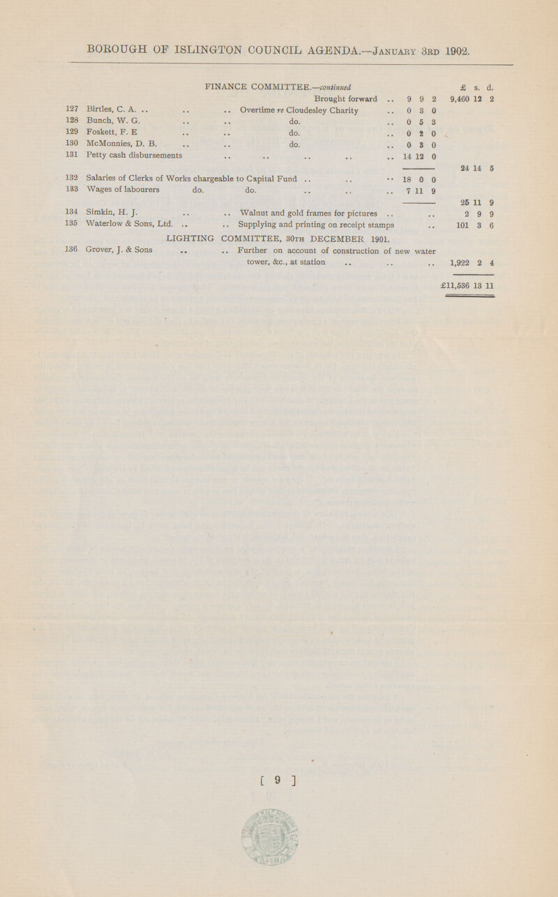 BOROUGH OF ISLINGTON COUNCIL AGENDA.—January 3rd 1902. FINANCE COMMITTEE.—continued £ s. d. Brought forward 9 9 2 9,460 12 2 127 Birtles, C. A. Overtime re Cloudesley Charity 0 3 0 128 Bunch, W. G. do. 0 5 3 129 Foskett, F. E do. 0 8 0 130 McMonnies, D. B. do. 0 3 0 131 Petty cash disbursements 14 12 0 24 14 5 132 Salaries of Clerks of Works chargeable to Capital Fund 18 0 0 133 Wages of labourers do. do. 7 11 9 25 11 9 134 Simkin, H.J. Walnut and gold frames for pictures .. 2 9 9 135 Waterlow & Sons, Ltd. Supplying and printing on receipt stamps .. 101 3 6 LIGHTING COMMITTEE, 30th DECEMBER 1901. 136 Grover, J. & Sons Further on account of construction of new water tower, &c., at station 1,922 2 4 £11,536 13 11 [ 9 ]