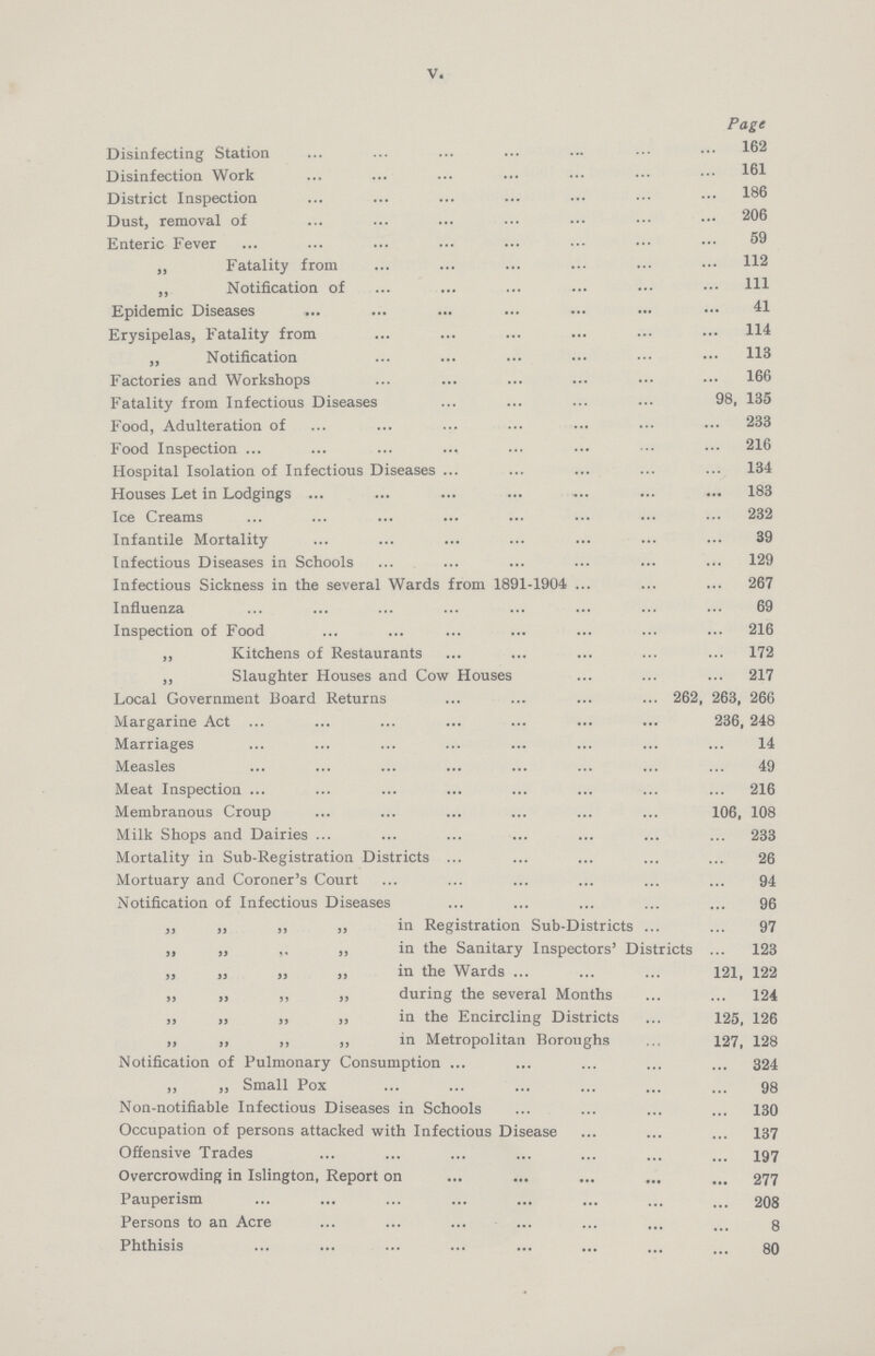 V. Page Disinfecting Station 162 Disinfection Work 161 District Inspection 186 Dust, removal of 206 Enteric Fever 59 „ Fatality from 112 „ Notification of 111 Epidemic Diseases 41 Erysipelas, Fatality from 114 „ Notification 113 Factories and Workshops 166 Fatality from Infectious Diseases 98, 135 Food, Adulteration of 233 Food Inspection 216 Hospital Isolation of Infectious Diseases 134 Houses Let in Lodgings 183 Ice Creams 232 Infantile Mortality 39 Infectious Diseases in Schools 129 Infectious Sickness in the several Wards from 1891-1904 267 Influenza 69 Inspection of Food 216 „ Kitchens of Restaurants 172 „ Slaughter Houses and Cow Houses 217 Local Government Board Returns 262, 263, 266 Margarine Act 236, 248 Marriages 14 Measles 49 Meat Inspection 216 Membranous Croup 106, 108 Milk Shops and Dairies 233 Mortality in Sub-Registration Districts 26 Mortuary and Coroner's Court 94 Notification of Infectious Diseases 96 „ „ ,, ,, in Registration Sub-Districts 97 „ „ ,, in the Sanitary Inspectors Districts 123 „ „ „ „ in the Wards 121, 122 „ „ ,, „ during the several Months 124 ,, ,, ,, ,, in the Encircling Districts 125, 126 „ ,, „ „ in Metropolitan Boroughs 127, 128 Notification of Pulmonary Consumption 324 „ „ Small Pox 98 Non-notifiable Infectious Diseases in Schools 130 Occupation of persons attacked with Infectious Disease 137 Offensive Trades 197 Overcrowding in Islington, Report on 277 Pauperism 208 Persons to an Acre 8 Phthisis 80