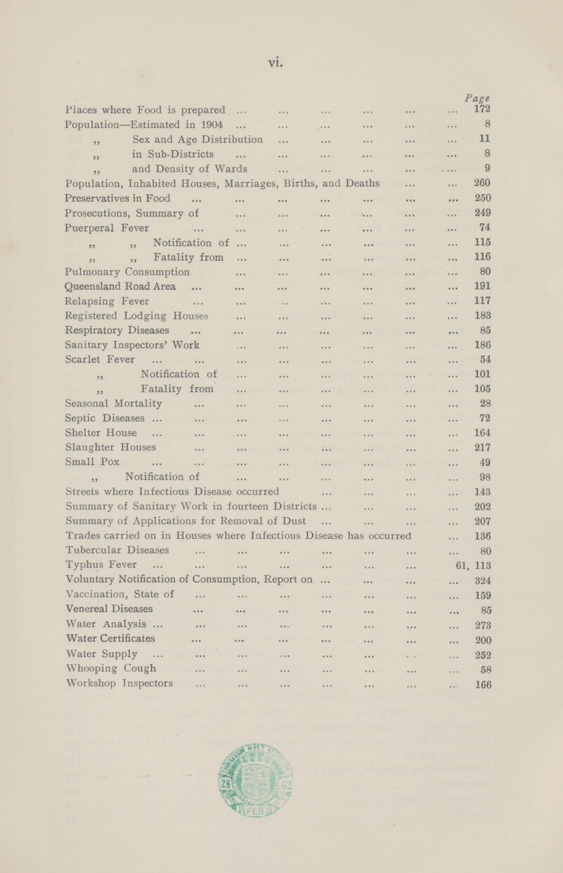 vi. Page Places where Food is prepared172 Population—Estimated in 1904 8 „ Sex and Age Distribution 11 „ in Sub-Districts 8 „ and Density of Wards 9 Population, Inhabited Houses, Marriages, Births, and Deaths 260 Preservatives in Food 250 Prosecutions, Summary of 249 Puerperal Fever 74 „ „ Notification of 115 „ ,, Fatality from 116 Pulmonary Consumption 80 Queensland Road Area 191 Relapsing Fever 117 Registered Lodging Houses 183 Respiratory Diseases 85 Sanitary Inspectors' Work 186 Scarlet Fever 54 „ Notification of 101 „ Fatality from 105 Seasonal Mortality 28 Septic Diseases 72 Shelter House 164 Slaughter Houses 217 Small Pox 49 „ Notification of 98 Streets where Infectious Disease occurred 143 Summary of Sanitary Work in fourteen Districts 202 Summary of Applications for Removal of Dust 207 Trades carried on in Houses where Infectious Disease has occurred 136 Tubercular Diseases 80 Typhus Fever 61, 113 Voluntary Notification of Consumption, Report on 324 Vaccination, State of 159 Venereal Diseases 85 Water Analysis 273 Water Certificates 200 Water Supply 252 Whooping Cough 58 Workshop Inspectors 166