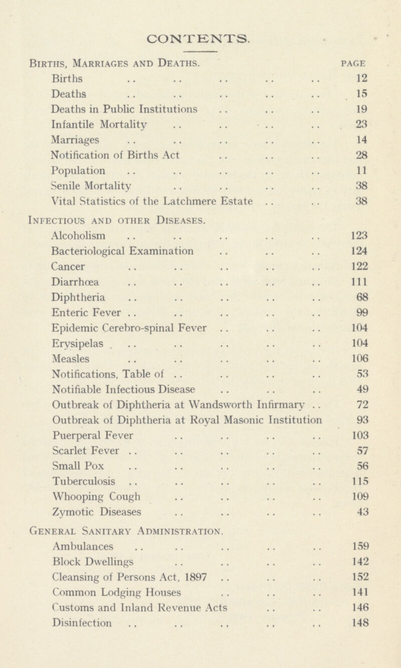 CONTENTS. Births, Marriages and Deaths. page Births 12 Deaths 15 Deaths in Public Institutions 19 Infantile Mortality 23 Marriages 14 Notification of Births Act 28 Population 11 Senile Mortality 38 Vital Statistics of the Latchmere Estate 38 Infectious and other Diseases. Alcoholism 23 Bacteriological Examination 24 Cancer 22 Diarrhoea 111 Diphtheria 68 Enteric Fever 99 Epidemic Cerehro-spinal Fever 104 Erysipelas 104 Measles 106 Notifications, Table of 53 Notifiable Infectious Disease 49 Outbreak of Diphtheria at Wandsworth Infirmary 72 Outbreak of Diphtheria at Royal Masonic Institution 93 Puerperal Fever 103 Scarlet Fever 57 Small Pox 56 Tuberculosis 115 Whooping Cough 109 Zymotic Diseases 43 General Sanitary Administration. Ambulances 159 Block Dwellings 142 Cleansing of Persons Act, 1897 152 Common Lodging Houses 141 Customs and Inland Revenue Acts 146 Disinfection 148