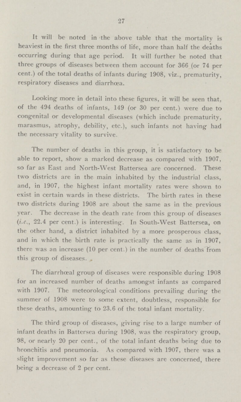 27 It will be noted in the above table that the mortality is heaviest in the first three months of life, more than half the deaths occurring during that age period. It will further be noted that three groups of diseases between them account for 366 (or 74 per cent.) of the total deaths of infants during 1908, viz., prematurity, respiratory diseases and diarrhoea. Looking more in detail into these figures, it will be seen that, of the 494 deaths of infants, 149 (or 30 per cent.) were due to congenital or developmental diseases (which include prematurity, marasmus, atrophy, debility, etc.), such infants not having had the necessary vitality to survive. The number of deaths in this group, it is satisfactory to be able to report, show a marked decrease as compared with 1907, so far as East and North-West Battersea are concerned. These two districts are in the main inhabited by the industrial class, and, in 1907, the highest infant mortality rates were shown to exist in certain wards in these districts. The birth rates in these two districts during 1908 are about the same as in the previous year. The decrease in the death rate from this group of diseases (i.e., 22.4 per cent.) is interesting. In South-West Battersea, on the other hand, a district inhabited by a more prosperous class, and in which the birth rate is practically the same as in 1907, there was an increase (10 per cent.) in the number of deaths from this group of diseases. . The diarrhoeal group of diseases were responsible during 1908 for an increased number of deaths amongst infants as compared with 1907. The meteorological conditions prevailing during the summer of 1908 were to some extent, doubtless, responsible for these deaths, amounting to 23.6 of the total infant mortality. The third group of diseases, giving rise to a large number of infant deaths in Battersea during 1908, was the respiratory group, 98, or nearly 20 per cent., of the total infant deaths being due to bronchitis and pneumonia. As compared with 1907, there was a slight improvement so far as these diseases are concerned, there being a decrease of 2 per cent.