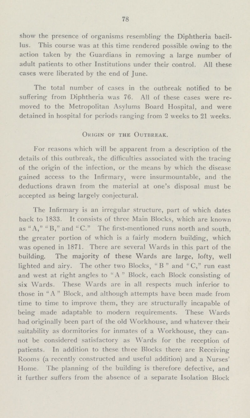 78 show the presence of organisms resembling the Diphtheria bacil lus. This course was at this time rendered possible owing to the action taken by the Guardians in removing a large number of adult patients to other Institutions under their control. All these cases were liberated by the end of June. The total number of cases in the outbreak notified to be suffering from Diphtheria was 76. All of these cases were re moved to the Metropolitan Asylums Board Hospital, and were detained in hospital for periods ranging from 2 weeks to 21 weeks. Origin of the Outbreak. For reasons which will be apparent from a description of the details of this outbreak, the difficulties associated with the tracing of the origin of the infection, or the means by which the disease gained access to the Infirmary, were insurmountable, and the deductions drawn from the material at one's disposal must be accepted as being largely conjectural. The Infirmary is an irregular structure, part of which dates back to 1833. It consists of three Main Blocks, which are known as A, B, and C. The first-mentioned runs north and south, the greater portion of which is a fairly modern building, which was opened in 1871. There are several Wards in this part of the building. The majority of these Wards are large, lofty, well lighted and airy. The other two Blocks, B and C, run east and west at right angles to A Block, each Block consisting of six Wards. These Wards are in all respects much inferior to those in A Block, and although attempts have been made from time to time to improve them, they are structurally incapable of being made adaptable to modern requirements. These Wards had originally been part of the old Workhouse, and whatever their suitability as dormitories for inmates of a Workhouse, they can not be considered satisfactory as Wards for the reception of patients. In addition to these three Blocks there are Receiving Rooms (a recently constructed and useful addition) and a Nurses' Home. The planning of the building is therefore defective, and it further suffers from the absence of a separate Isolation Block