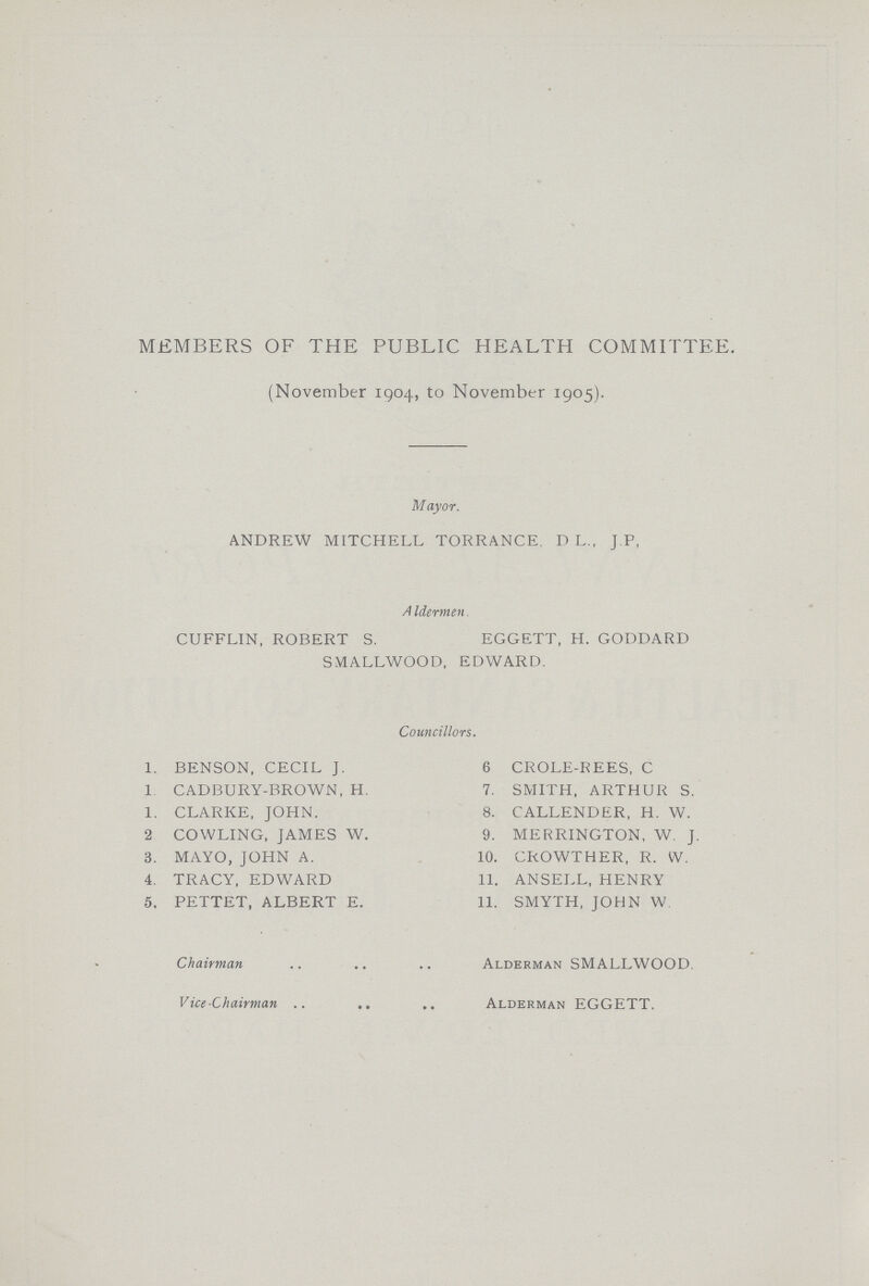 MEMBERS OF THE PUBLIC HEALTH COMMITTEE. (November 1904, to November 1905). Mayor. ANDREW MITCHELL TORRANCE. D L., J P, AIdermen. CUFFLIN, ROBERT S. EGGETT, H. GODDARD SMALLWOOD, EDWARD. Councillors. 1. BENSON, CECIL J. 1 CADBURY-BROWN, H. 1. CLARKE, JOHN. 2 COWLING, JAMES W. 3. MAYO, JOHN A. 4. TRACY, EDWARD 5. PETTET, ALBERT E. 6 CROLE-REES, C 7. SMITH, ARTHUR S. 8. CALLENDER, H. W. 9. MERRINGTON, W. J. 10. CROWTHER, R. W. 11. ANSELL, HENRY 11. SMYTH, JOHN W Chairman Alderman SMALLWOOD. Vice-chairman Alderman EGGETT.