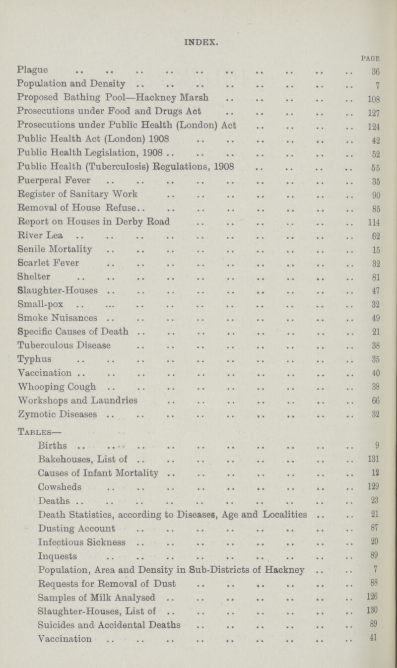 INDEX. page Plague 36 Population and Density 7 Proposed Bathing Pool—Hackney Marsh 108 Prosecutions under Pood and Drugs Act 127 Prosecutions under Public Health (London) Act 124 Public Health Act (London) 1908 42 Public Health Legislation, 1908 52 Public Health (Tuberculosis) Regulations, 1908 55 Puerperal Fever 35 Register of Sanitary Work 90 Removal of House Refuse 85 Report on Houses in Derby Road 114 River Lea 62 Senile Mortality 15 Scarlet Fever 32 Shelter 81 Slaughter-Houses 47 Small-pox 82 Smoke Nuisances 49 Specific Causes of Death 21 Tuberculous Disease 38 Typhus 35 Vaccination 40 Whooping Cough 38 Workshops and Laundries 66 Zymotic Diseases 32 Tables— Births 9 Bakehouses, List of 131 Causes of Infant Mortality 12 Cowsheds 129 Deaths 23 Death Statistics, according to Diseases, Age and Localities 21 Dusting Account 87 Infectious Sickness 20 Inquests 89 Population, Area and Density in Sub-Districts of Hackney 7 Requests for Removal of Dust 88 Samples of Milk Analysed 126 Slaughter-Houses, List of 130 Suicides and Accidental Deaths 89 Vaccination 41