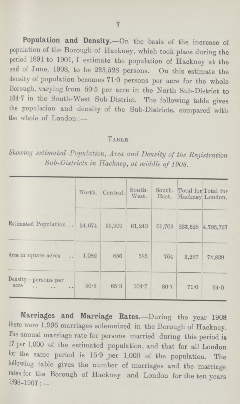 7 Population and Density.— On the basis of the increase of population of the Borough of Hackney, which took place during the period 1891 to 1901, I estimate the population of Hackney at the end of June, 1908, to be 233,528 persons. On this estimate the density of population becomes 71.0 persons per acre for the whole Borough, varying from 50.5 per acre in the North Sub-District to 104.7 in the South-West Sub-District. The following table gives the population and density of the Sub-Districts, compared with the whole of London:— Table Showing estimated Population, Area and Density of the Registration Sub-Districts in Hackney, at middle of 1908. North. Central. South West. South East. Total for Hackney Total for London. Estimated Population 54,674 55,909 61,243 61,702 233,528 4,795,757 Area in square acres 1,082 856 585 764 3,287 74,839 Density—persons per acre 50.5 65.3 104.7 80.7 71.0 64.0 Marriages and Marriage Rates.— During the year 1908 there were 1,996 marriages solemnized in the Borough of Hackney. The annual marriage rate for persons married during this period is 17 per 1,000 of the estimated population, and that for all London for the same period is 15.9 per 1,000 of the population. The following table gives the number of marriages and the marriage rates for the Borough of Hackney and London for the ten years 1898-1907:-