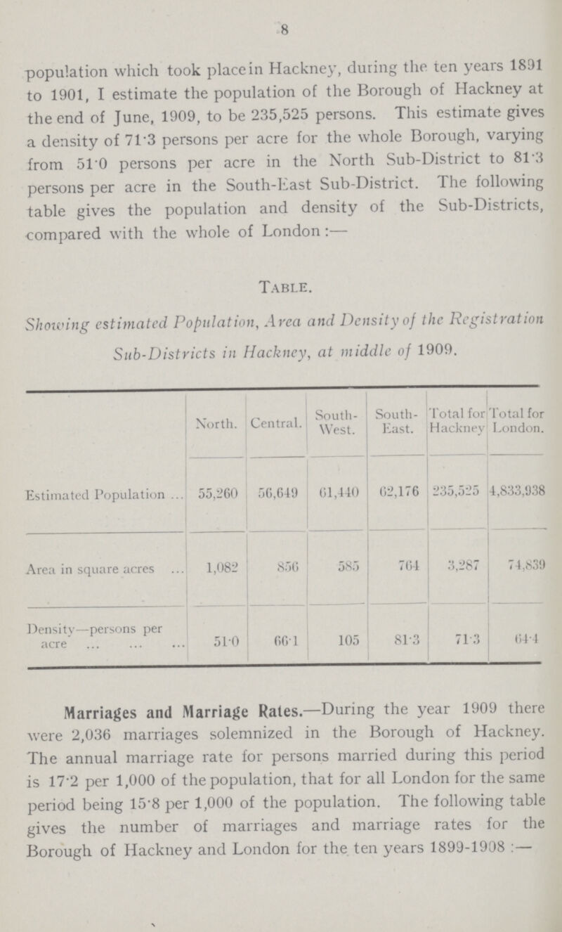 8 population which took place Hackney, during the ten years 1891 to 1901, I estimate the population of the Borough of Hackney at the end of June, 1909, to be 235,525 persons. This estimate gives a density of 71.3 persons per acre for the whole Borough, varying from 51.0 persons per acre in the North Sub-District to 81.3 persons per acre in the South-East Sub-District. The following table gives the population and density of the Sub-Districts, compared with the whole of London:— Table. Showing estimated Population, Area and Density of the Registration Sub-Districts in Hackney, at middle of 1909. North. Central. South West. South East. Total for Hackney Total for London. Estimated Population 55,260 56,619 61,410 62,176 235,525 4,833,938 Area in square acres 1,082 856 585 764 3,287 74,839 Density—persons per acre 51.0 66.1 105 81.3 71.3 64.4 Marriages and Marriage Rates.—During the year 1909 there were 2,036 marriages solemnized in the Borough of Hackney. The annual marriage rate for persons married during this period is 17.2 per 1,000 of the population, that for all London for the same period being 15.8 per 1,000 of the population. The following table gives the number of marriages and marriage rates for the Borough of Hackney and London for the ten years 1899-1908 :—