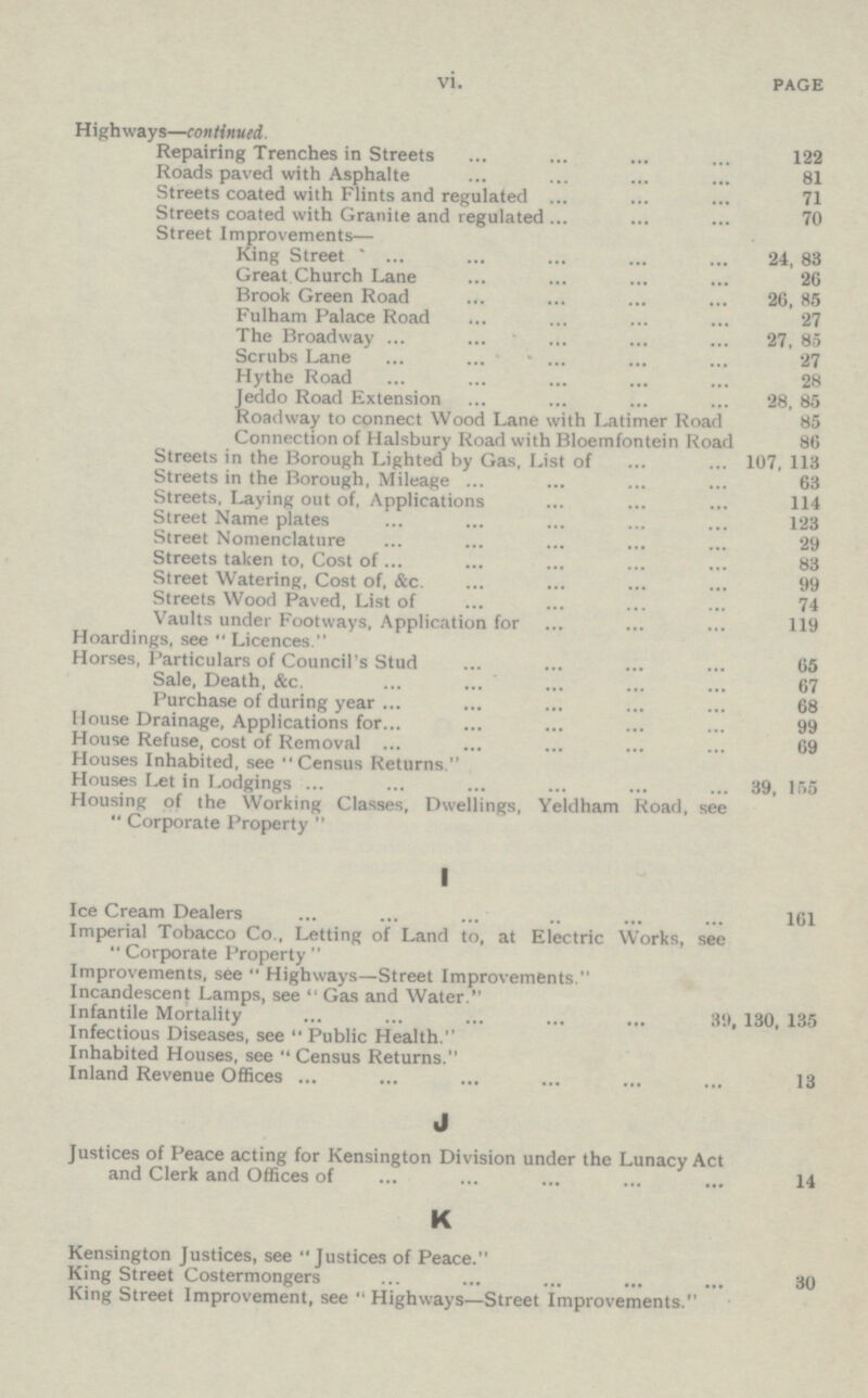 vi. PAGE Highways—continued. Repairing Trenches in Streets 122 Roads paved with Asphalte 81 Streets coated with Flints and regulated 71 Streets coated with Granite and regulated 70 Street Improvements— King Street 24, 83 Great Church Lane 26 Brook Green Road 26, 85 Fulham Palace Road 27 The Broadway 27,85 Scrubs Lane 27 Hythe Road 28 Jeddo Road Extension 28, 85 Roadway to connect Wood Lane with Latimer Road 85 Connection of Halsbury Road with Bloemfontein Road 86 Streets in the Borough Lighted by Gas, List of 107, 113 Streets in the Borough, Mileage 63 Streets, Laying out of, Applications 114 Street Name plates 123 Street Nomenclature 29 Streets taken to, Cost of 83 Street Watering, Cost of, &c. 99 Streets Wood Paved, List of 74 Vaults under Footways, Application for 119 Hoardings, see Licences. Horses, Particulars of Council's Stud 65 Sale, Death, &c. 67 Purchase of during year 68 House Drainage, Applications for 99 House Refuse, cost of Removal 69 Houses Inhabited, see Census Returns. Houses Let in Lodgings 39,155 Housing of the Working Classes, Dwellings, Yeldham Road, see Corporate Property  I Ice Cream Dealers 161 Imperial Tobacco Co., Letting of Land to, at Electric Works, see Corporate Property  Improvements, see Highways—Street Improvements. Incandescent Lamps, see Gas and Water. Infantile Mortality 39, 130, 135 Infectious Diseases, see Public Health. Inhabited Houses, see Census Returns. Inland Revenue Offices 13 J Justices of Peace acting for Kensington Division under the Lunacy Act and Clerk and Offices of 14 K Kensington Justices, see Justices of Peace. King Street Costermongers 30 King Street Improvement, see Highways—Street Improvements.