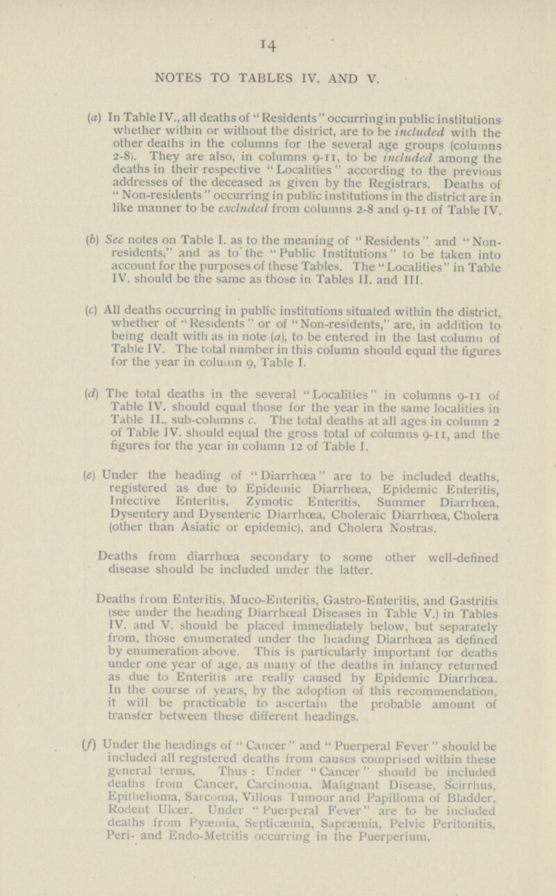 14 NOTES TO TABLES IV. AND V. (а) In Table IV., all deaths of  Residents occurring in public institutions whether within or without the district, are to be included with the other deaths in the columns for the several age groups (columns 2.8). They are also, in columns 9.11, to be included among the deaths in their respective Localities according to the previous addresses of the deceased as given by the Registrars. Deaths of Non-residents occurring in public institutions in the district are in like manner to be excluded from columns 2.8 and 9.11 of Table IV. (б) See notes on Table I. as to the meaning of  Residents  and  Non¬ residents, and as to the Public Institutions to be taken into account for the purposes of these Tables. The Localities in Table IV. should be the same as those in Tables II. and III. (c) All deaths occurring in public institutions situated within the district, whether of Residents or of Non-residents, are, in addition to being dealt with as in note (a), to be entered in the last column of Table IV. The total number in this column should equal the figures for the year in column 9, Table I. (d) The total deaths in the several Localities in columns 9.11 of Table IV. should equal those for the year in the same localities in Table II., sub-columns c. The total deaths at all ages in column 2 of Table IV. should equal the gross total of columns 9-11, and the figures for the year in column 12 of Table I. (e) Under the heading of Diarrhœa are to be included deaths, registered as due to Epidemic Diarrhœa, Epidemic Enteritis, Infective Enteritis, Zymotic Enteritis, Summer Diarrhœa, Dysentery and Dysenteric Diarrhœa, Choleraic Diarrhœa, Cholera (other than Asiatic or epidemic), and Cholera Nostras. Deaths from diarrhœa secondary to some other well-defined disease should be included under the latter. Deaths from Enteritis, Muco-Enteritis, Gastro-Enteritis, and Gastritis (see under the heading Diarrhœal Diseases in Table V.) in Tables IV. and V. should be placed immediately below, but separately from, those enumerated under the heading Diarrhœa as defined by enumeration above. This is particularly important for deaths under one year of age, as many of the deaths in infancy returned as due to Enteritis are really caused by Epidemic Diarrhœa. In the course of years, by the adoption of this recommendation, it will be practicable to ascertain the probable amount of transfer between these different headings. (f) Under the headings of Cancer and Puerperal Fever should be included all registered deaths from causes comprised within these general terms. Thus: Under Cancer should be included deaths from Cancer, Carcinoma. Malignant Disease, Scirrhus, Epithelioma, Sarcoma, Villous Tumour and Papilloma of Bladder, Rodent Ulcer. Under Puerperal Fever are to be included deaths from Pyaemia, Septicaemia, Sapræmia, Pelvic Peritonitis, Peri- and Endo-Metritis occurring in the Puerperium.