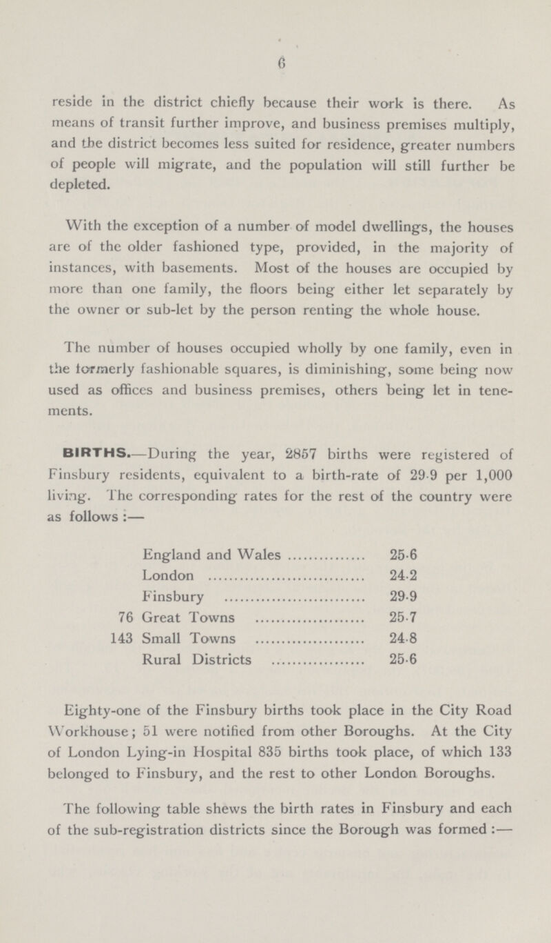 6 reside in the district chiefly because their work is there. As means of transit further improve, and business premises multiply, and the district becomes less suited for residence, greater numbers of people will migrate, and the population will still further be depleted. With the exception of a number of model dwellings, the houses are of the older fashioned type, provided, in the majority of instances, with basements. Most of the houses are occupied by more than one family, the floors being either let separately by the owner or sub-let by the person renting the whole house. The number of houses occupied wholly by one family, even in the formerly fashionable squares, is diminishing, some being now used as offices and business premises, others being let in tene ments. BIRTHS.—During the year, 2857 births were registered of Finsbury residents, equivalent to a birth-rate of 29-9 per 1,000 living. The corresponding rates for the rest of the country were as follows :— England and Wales 25.6 London 24.2 Finsbury 29.9 76 Great Towns 25.7 143 Small Towns 24.8 Rural Districts 25.6 Eighty-one of the Finsbury births took place in the City Road Workhouse; 51 were notified from other Boroughs. At the City of London Lying-in Hospital 835 births took place, of which 133 belonged to Finsbury, and the rest to other London Boroughs. The following table shews the birth rates in Finsbury and each of the sub-registration districts since the Borough was formed :—