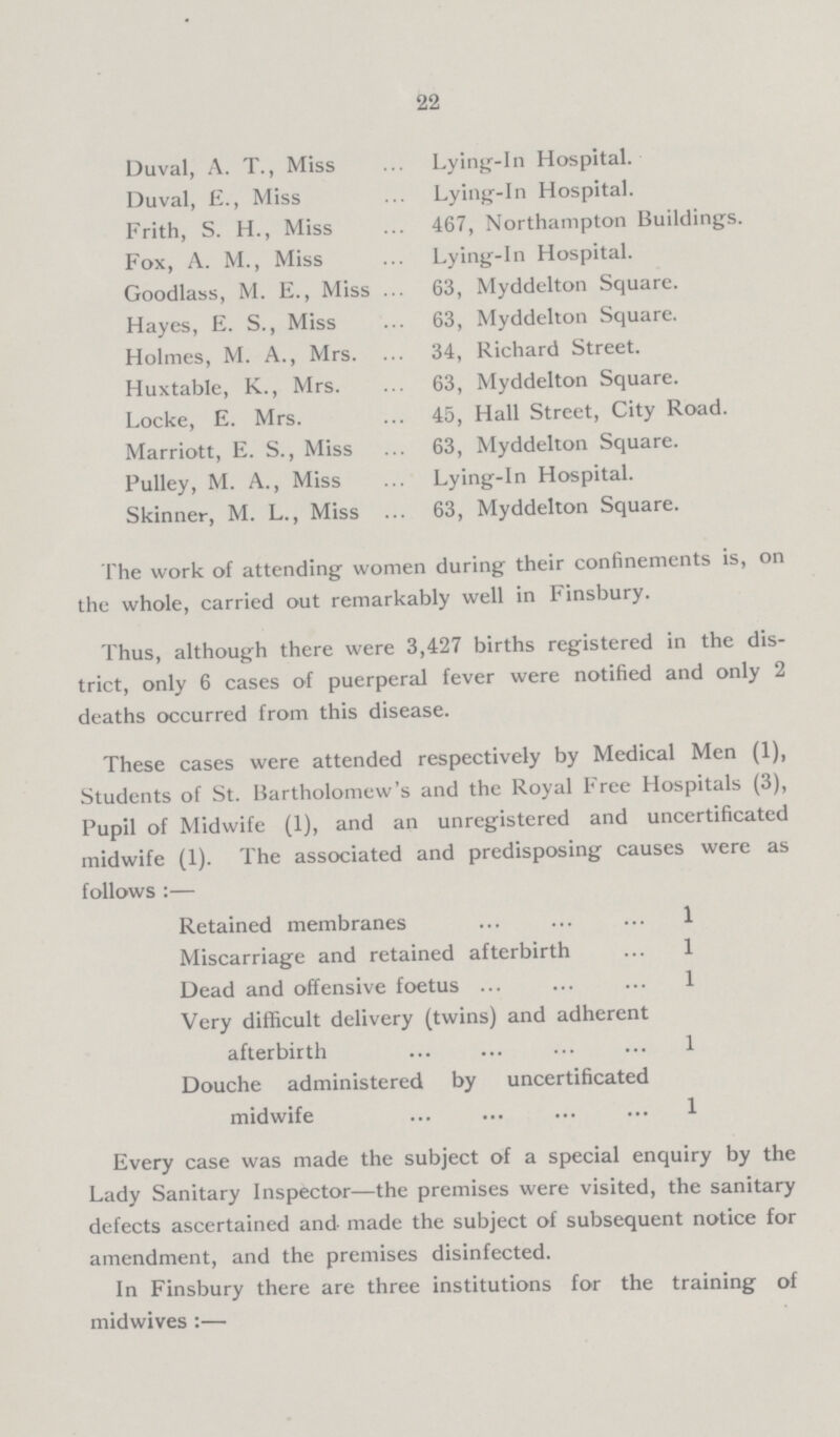 22 Duval, A. T., Miss Lying-in Hospital. Duval, E., Miss Lying-in Hospital. Frith, S. H., Miss 467, Northampton Buildings. Fox, A. M., Miss Lying-in Hospital. Goodlass, M. E., Miss 63, Myddelton Square. Hayes, E. S., Miss 63, Myddelton Square. Holmes, M. A., Mrs. 34, Richard Street. Huxtable, K., Mrs. 63, Myddelton Square. Locke, E. Mrs. 45, Hall Street, City Road. Marriott, E. S., Miss 63, Myddelton Square. Pulley, M. A., Miss Lying-in Hospital. Skinner, M. L., Miss 63, Myddelton Square. The work of attending women during their confinements is, on the whole, carried out remarkably well in Finsbury. Thus, although there were 3,427 births registered in the dis trict, only 6 cases of puerperal fever were notified and only 2 deaths occurred from this disease. These cases were attended respectively by Medical Men (1), Students of St. Bartholomew's and the Royal Free Hospitals (3), Pupil of Midwife (1), and an unregistered and uncertificated midwife (1). The associated and predisposing causes were as follows :— Retained membranes 1 Miscarriage and retained afterbirth 1 Dead and offensive foetus 1 Very difficult delivery (twins) and adherent afterbirth 1 Douche administered by uncertificated midwife 1 Every case was made the subject of a special enquiry by the Lady Sanitary Inspector—the premises were visited, the sanitary defects ascertained and- made the subject of subsequent notice for amendment, and the premises disinfected. In Finsbury there are three institutions for the training of midwives :—