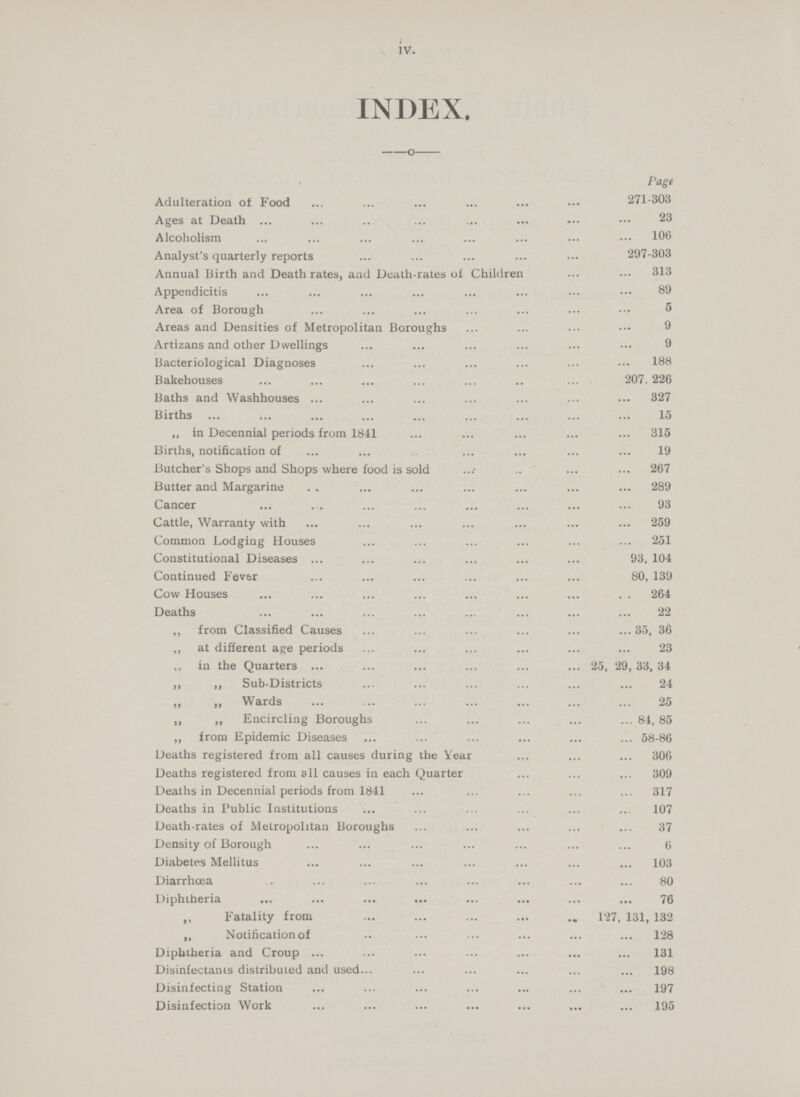 iv. INDEX. Page Adulteration of Food 271-303 Ages at Death 23 Alcoholism 106 Analyst's quarterly reports 297-303 Annual Birth and Death rates, and Death-rates of Children 313 Appendicitis 89 Area of Borough 5 Areas and Densities of Metropolitan Boroughs 9 Artizans and other Dwellings 9 Bacteriological Diagnoses 188 Bakehouses 207, 226 Baths and Washhouses 327 Births 15 „ in Decennial periods from 1841 315 Births, notification of 19 Butcher's Shops and Shops where food is sold 267 Butter and Margarine 289 Cancer 93 Cattle, Warranty with 259 Common Lodging Houses 251 Constitutional Diseases 93, 104 Continued Fever 80, 139 Cow Houses 264 Deaths 22 „ from Classified Causes 35, 36 „ at different age periods 23 ,, in the Quarters 25, 29, 33, 34 ,, „ Sub-Districts 24 „ Wards 25 „ „ Encircling Boroughs 84, 85 „ from Epidemic Diseases 58-86 Deaths registered from all causes during the Year 306 Deaths registered from all causes in each Quarter 309 Deaths in Decennial periods from 1841 317 Deaths in Public Institutions 107 Death-rates of Metropolitan Boroughs 37 Density of Borough 6 Diabetes Mellitus 103 Diarrhoea 80 Diphtheria 76 „ Fatality from 127, 131, 132 „ Notification of 128 Diphtheria and Croup 131 Disinfectants distributed and used 198 Disinfecting Station 197 Disinfection Work 195