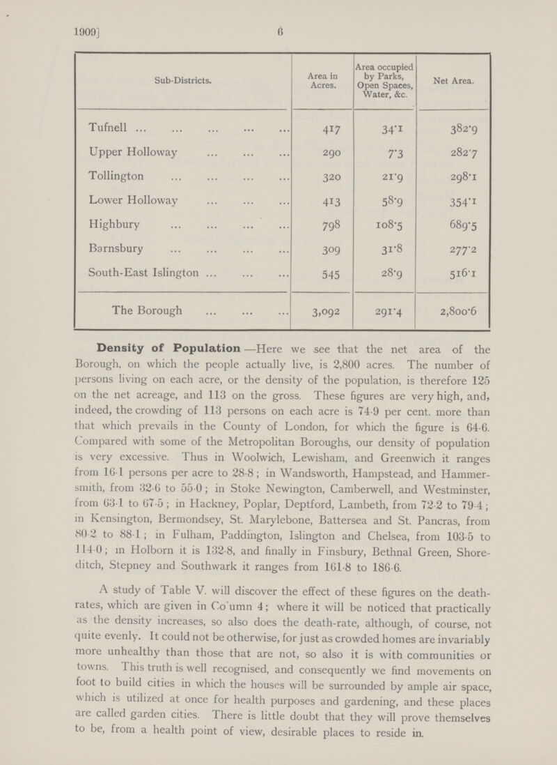 1909] 6 Sub-Districts. Area in Acres. Area occupied by Parks, Open Spaces, Water, &c. Net Area. Tufnell 417 34.1 382.9 Upper Holloway 290 7.3 282.7 Tollington 320 21.9 298.1 Lower Holloway 413 58.9 354.1 Highbury 798 108.5 689.5 Barnsbury 309 31.8 277.2 South-East Islington 545 28.9 516.1 The Borough 3.092 291.4 2,800.6 Density of Population —Here we see that the net area of the Borough, on which the people actually live, is 2,800 acres. The number of persons living on each acre, or the density of the population, is therefore 125 on the net acreage, and 113 on the gross. These figures are very high, and, indeed, the crowding of 113 persons on each acre is 74.9 per cent. more than that which prevails in the County of London, for which the figure is 64.6. Compared with some of the Metropolitan Boroughs, our density of population is very excessive. Thus in Woolwich, Lewisham, and Greenwich it ranges from 16.1 persons per acre to 28.8; in Wandsworth, Hampstead, and Hammer smith, from 32.6 to 55.0; in Stoke Newington, Camberwell, and Westminster, from 631 to 67.5; in Hackney, Poplar, Deptford, Lambeth, from 72.2 to 79.4; in Kensington, Bermondsey, St. Marylebone, Battersea and St. Pancras, from 80.2 to 88.1; in Fulham, Paddington, Islington and Chelsea, from 103.5 to 114.0; in Holborn it is 132.8, and finally in Finsbury, Bethnal Green, Shore ditch, Stepney and Southwark it ranges from 161.8 to 186.6. A study of Table V. will discover the effect of these figures on the death rates, which are given in Column 4; where it will be noticed that practically as the density increases, so also does the death-rate, although, of course, not quite evenly. It could not be otherwise, for just as crowded homes are invariably more unhealthy than those that are not, so also it is with communities or towns. This truth is well recognised, and consequently we find movements on foot to build cities in which the houses will be surrounded by ample air space, which is utilized at once for health purposes and gardening, and these places are called garden cities. There is little doubt that they will prove themselves to be, from a health point of view, desirable places to reside in.