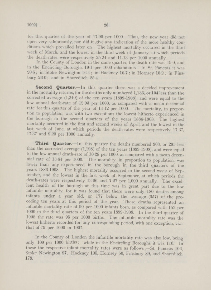 26 1909] for this quarter of the year of 17.90 per 1000. Thus, the new year did not open very salubriously, nor did it give any indication of the more healthy con ditions which prevailed later on. The highest mortality occurred in the third week of March, and the lowest in the third week of January, at which periods the death-rates were respectively 25.24 and 11.13 per 1000 annually. In the County of London in the same quarter, the death-rate was 19.0, and in the Encircling Boroughs 19.1 per 1000 inhabitants. In St. Pancras it was 20.5; in Stoke Newington 16.4; in Hackney 16.7; in Hornsey 10.2; in Fins bury 26.0; and in Shoreditch 25.4. Second Quarter.— In this quarter there was a decided improvement in the mortality returns, for the deaths only numbered 1,136, or 104 less than the corrected average (1,240) of the ten years (1899-1908), and were equal to the low annual death-rate of 12.93 per 1000, as compared with a mean decennial rate for this quarter of the year of 14.12 per 1000. The mortality, in propor tion to population, was with two exceptions the lowest hitherto experienced in the borough in the second quarters of the years 1886-1908. The highest mortality occurred in the first and second weeks of April, and the lowest in the last week of June, at which periods the death-rates were respectively 17.37, 17.37 and 9.20 per 1000 annually. Third Quarter.—In this quarter the deaths numbered 903, or 295 less than the corrected average (1,198) of the ten years (1899-1908), and were equal to the low annual death-rate of 10.28 per 1000, as compared with a mean decen nial rate of 13.64 per 1000. The mortality, in proportion to population, was lower than any experienced in the borough in the third quarters of the years 1886-1908. The highest mortality occurred in the second week of Sep tember, and the lowest in the first week of September, at which periods the death-rates were respectively 13.06 and 7.27 per 1,000 annually. The excel lent health of the borough at this time was in great part due to the low infantile mortality, for it was found that there were only 180 deaths among infants under a year old, or 177 below the average (357) of the pre ceding ten years at this period of the year. These deaths represented an infantile mortality rate of 90 per 1000 infants born, as compared with 153 per 1000 in the third quarters of the ten years 1899-1908. In the third quarter of 1908 the rate was 95 per 1000 births. The infantile mortality rate was the lowest hitherto recorded for any corresponding period, with one exception, viz.: that of 79 per 1000 in 1907. In the County of London the infantile mortality rate was also low, being only 109 per 1000 births, while in the Encircling Boroughs it was 110. In these the respective infant mortality rates were as follows:—St. Pancras 106, Stoke Newington 97, Hackney 105, Hornsey 50, Finsbury 89, and Shoreditch 179.
