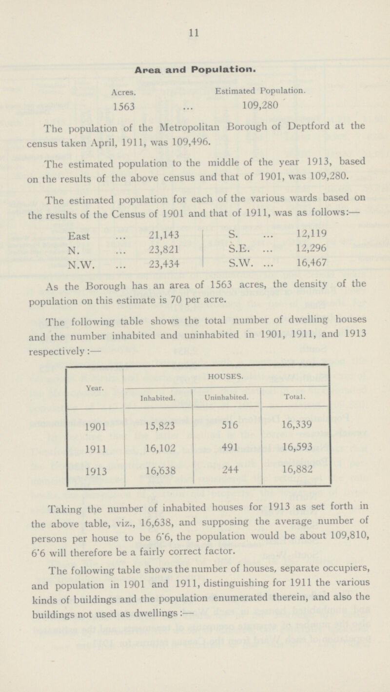 11 Area and Population. Acres. Estimated Population. 1563 109,280 The population of the Metropolitan Borough of Deptford at the census taken April, 1911, was 109,496. The estimated population to the middle of the year 1913, based on the results of the above census and that of 1901, was 109,280. The estimated population for each of the various wards based on the results of the Census of 1901 and that of 1911, was as follows:— East 21,143 S. 12,119 N. 23,821 S.E. 12,296 N.W. 23,434 S.W. 16,467 As the Borough has an area of 1563 acres, the density of the population on this estimate is 70 per acre. The following table shows the total number of dwelling houses and the number inhabited and uninhabited in 1901, 1911, and 1913 respectively:— Year. HOUSES. Inhabited. Uninhabited. Total. 1901 15,823 516 16,339 1911 16,102 491 16,593 1913 16/638 244 16,882 Taking the number of inhabited houses for 1913 as set forth in the above table, viz., 16,638, and supposing the average number of persons per house to be 6'6, the population would be about 109,810, 6'6 will therefore be a fairly correct factor. The following table shows the number of houses, separate occupiers, and population in 1901 and 1911, distinguishing for 1911 the various kinds of buildings and the population enumerated therein, and also the buildings not used as dwellings:—