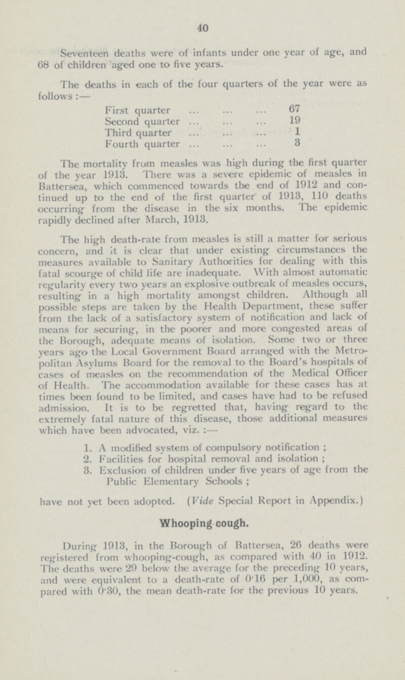 40 Seventeen deaths were of infants under one year of age, and 68 of children aged one to five years. The deaths in each of the four quarters of the year were as follows:— First quarter 67 Second quarter 19 Third quarter 1 Fourth quarter 3 The mortality from measles was high during the first quarter of the year 1913. There was a severe epidemic of measles in Battersea, which commenced towards the end of 1912 and con tinued up to the end of the first quarter. of 1913, 110 deaths occurring from the disease in the six months. The epidemic rapidly declined after March, 1913. The high death-rate from measles is still a matter for serious concern, and it is clear that under existing circumstances the measures available to Sanitary Authorities for dealing with this fatal scourge of child life are inadequate. With almost automatic regularity every two years an explosive outbreak of measles occurs, resulting in a high mortality amongst children. Although all possible steps are taken by the Health Department, these suffer from the lack of a satisfactory system of notification and lack of means for securing, in the poorer and more congested areas of the Borough, adequate means of isolation. Some two or three years ago the Local Government Board arranged with the Metro politan Asylums Board for the removal to the Board's hospitals of cases of measles on the recommendation of the Medical Officer of Health. The accommodation available for these cases has at times been found to be limited, and cases have had to be refused admission. It is to be regretted that, having regard to the extremely fatal nature of this disease, those additional measures which have been advocated, viz.:— 1. A modified system of compulsory notification; 2. Facilities for hospital removal and isolation; 3. Exclusion of children under five years of age from the Public Elementary Schools; have not yet been adopted. (Vide Special Report in Appendix.) Whooping cough. During 1913, in the Borough of Battersea, 26 deaths were registered from whooping-cough, as compared with 40 in 1912. The deaths were 29 below the average for the preceding 10 years, and were equivalent to a death-rate of 0.16 per 1,000, as com pared with 0.30, the mean death-rate for the previous 10 years.