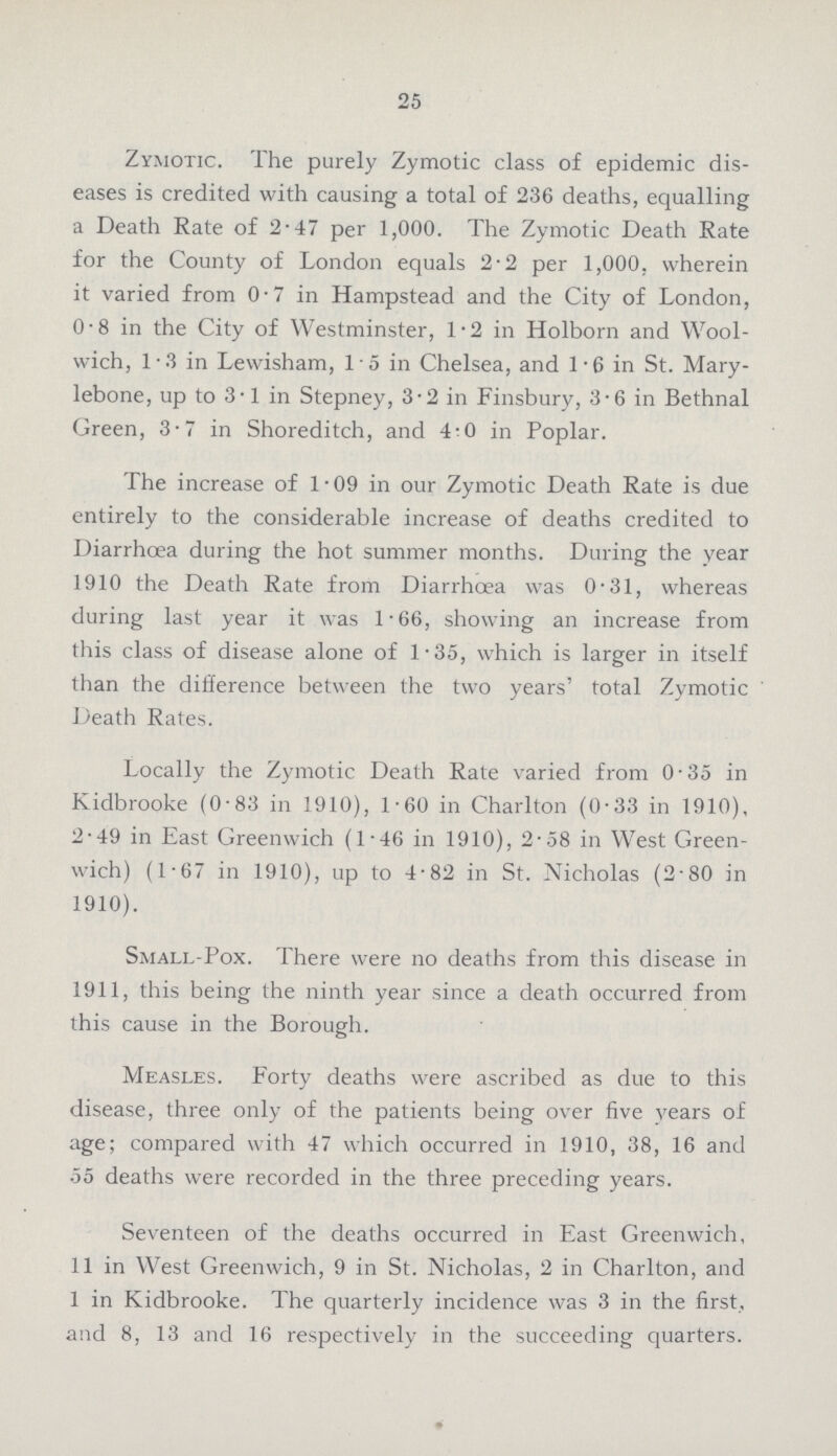 25 Zymotic. The purely Zymotic class of epidemic dis eases is credited with causing a total of 236 deaths, equalling a Death Rate of 2.47 per 1,000. The Zymotic Death Rate for the County of London equals 2.2 per 1,000. wherein it varied from 0.7 in Hampstead and the City of London, 0.8 in the City of Westminster, 1.2 in Holborn and Wool wich, 1.3 in Lewisham, 1.5 in Chelsea, and 1.6 in St. Mary lebone, up to 3.1 in Stepney, 3.2 in Finsbury, 3.6 in Bethnal Green, 3.7 in Shoreditch, and 4.0 in Poplar. The increase of 1.09 in our Zymotic Death Rate is due entirely to the considerable increase of deaths credited to Diarrhoea during the hot summer months. During the year 1910 the Death Rate from Diarrhoea was 0-31, whereas during last year it was 1*66, showing an increase from this class of disease alone of 1*35, which is larger in itself than the difference between the two years' total Zymotic Death Rates. Locally the Zymotic Death Rate varied from 0-35 in Kidbrooke (0*83 in 1910), 1-60 in Charlton (0-33 in 1910), 2-49 in East Greenwich (1*46 in 1910), 2*58 in West Green wich) (1-67 in 1910), up to 4*82 in St. Nicholas (2*80 in 1910). Small-Pox. There were no deaths from this disease in 1911, this being the ninth year since a death occurred from this cause in the Borough. Measles. Forty deaths were ascribed as due to this disease, three only of the patients being over five years of age; compared with 47 which occurred in 1910, 38, 16 and .55 deaths were recorded in the three preceding years. Seventeen of the deaths occurred in East Greenwich, 11 in West Greenwich, 9 in St. Nicholas, 2 in Charlton, and 1 in Kidbrooke. The quarterly incidence was 3 in the first, and 8, 13 and 16 respectively in the succeeding quarters.