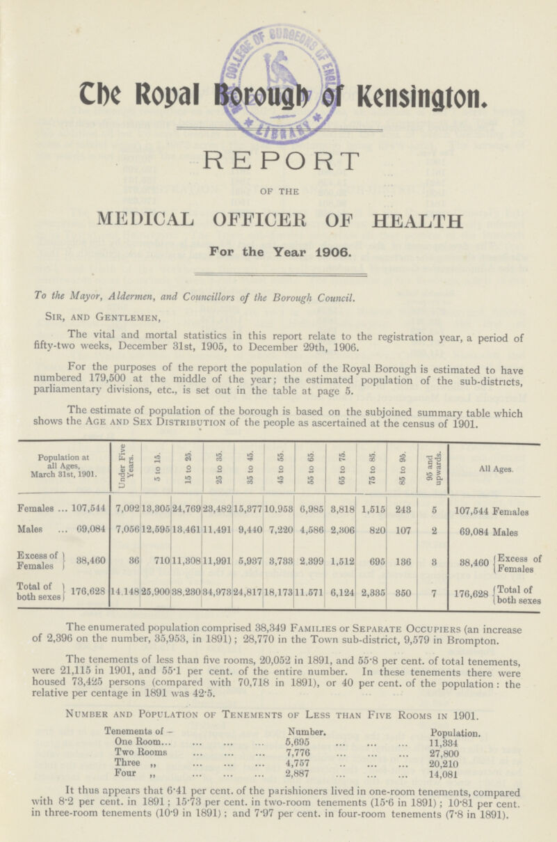 The Royal Borough of Kensington. REPORT of the MEDICAL OFFICER OF HEALTH For the Year 1906. To the Mayor, Aldermen, and Councillors of the Borough Council. Sir, and Gentlemen, The vital and mortal statistics in this report relate to the registration year, a period of fifty-two weeks, December 31st, 1905, to December 29th, 1906. For the purposes of the report the population of the Royal Borough is estimated to have numbered 179,500 at the middle of the year; the estimated population of the sub-districts, parliamentary divisions, etc., is set out in the table at page 5. The estimate of population of the borough is based on the subjoined summary table which shows the Age and Sex Distribution of the people as ascertained at the census of 1901. Population at all Ages, March 31st, 1901. Under Five Years. 5 to 15. 15 to 25. 25 to 35. 35 to 45. 45 to 55. 55 to 65. 65 to 75. 75 to 85. 85 to 95. 95 and upwards. All Ages. Females 107,544 7,092 13,305 24,769 23,482 15,877 10,953 6,985 3,818 1,515 243 5 107,544 Females Males 69,084 7,056 12,595 13,461 11,491 9,440 7,220 4,586 2,306 820 107 2 69,084 Males Excess of Females 38,460 36 710 11,308 11,991 5,937 3,733 2,399 1,512 695 136 3 38,460 Excess of Females Total of both sexes 176,628 14,148 25,900 38,230 34,973 24,817 18,173 11,571 6,124 2,335 350 7 176,628 Total of both sexes The enumerated population comprised 38,349 Families or Separate Occupiers (an increase of 2,396 on the number, 35,953, in 1891); 28,770 in the Town sub-district, 9,579 in Brompton. The tenements of less than five rooms, 20,052 in 1891, and 55.8 per cent, of total tenements, were 21,115 in 1901, and 55.1 per cent, of the entire number. In these tenements there were housed 73,425 persons (compared with 70,718 in 1891), or 40 per cent, of the population : the relative per centage in 1891 was 42.5. Number and Population of Tenements of Less than Five Rooms in 1901. Tenements of - Number. Population. One Room 5,695 11,334 Two Rooms 7,776 27,800 Three „ 4,757 20,210 Four „ 2,887 14,081 It thus appears that 6.41 per cent. of the parishioners lived in one-room tenements, compared with 8.2 per cent. in 1891; 15.73 per cent. in two-room tenements (15.6 in 1891); 10.81 per cent, in three-room tenements (10.9 in 1891); and 7.97 per cent, in four-room tenements (7.8 in 1891).