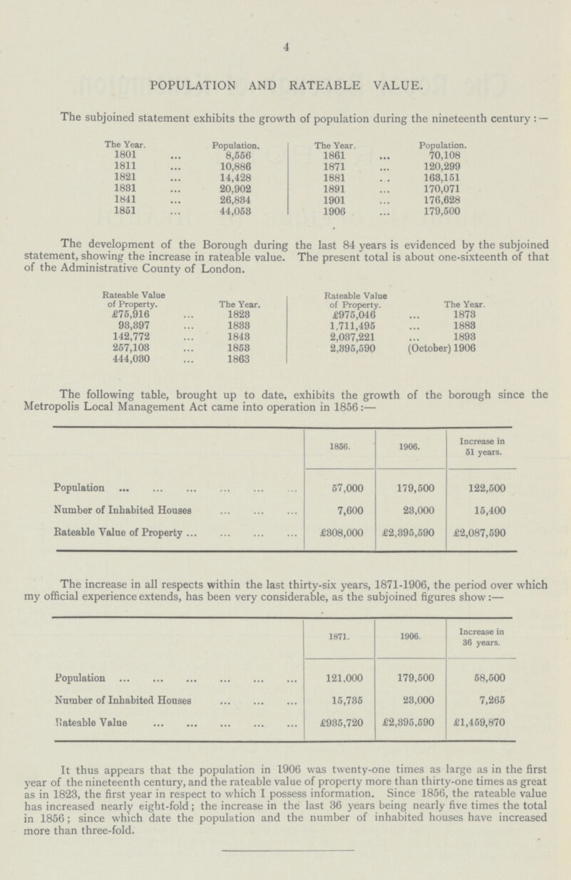 4 POPULATION AND RATEABLE VALUE. The subjoined statement exhibits the growth of population during the nineteenth century:— The Year. Population. The Year. Population. 1801 8,556 1861 70,108 1811 10,886 1871 120,299 1821 14,428 1881 163,151 1831 20,902 1891 170,071 1841 26,834 1901 176,628 1851 44,053 1906 179,500 The development of the Borough during the last 84 years is evidenced by the subjoined statement, showing the increase in rateable value. The present total is about one-sixteenth of that of the Administrative County of London. Rateable Value of Property. The Year. Rateable Value of Property. The Year. £75,916 1823 £975,046 1873 93,397 1833 1,711,495 1883 142,772 1843 2,037,221 1893 257,103 1853 2,395,590 (October) 1906 444,030 1863 The following table, brought up to date, exhibits the growth of the borough since the Metropolis Local Management Act came into operation in 1856:— 1856. 1906. Increase in 51 years. Population 57,000 179,500 122,500 Number of Inhabited Houses 7,600 23,000 15,400 Rateable Value of Property £308,000 £2,395,590 £2,087,590 The increase in all respects within the last thirty-six years, 1871-1906, the period over which my official experience extends, has been very considerable, as the subjoined figures show:— 1871. 1906. Increase in 36 years. Population 121,000 179,500 58,500 Number of Inhabited Houses 15,735 23,000 7,265 Rateable Value £935,720 £2,395,590 £1,459,870 It thus appears that the population in 1906 was twenty-one times as large as in the first year of the nineteenth century, and the rateable value of property more than thirty-one times as great as in 1823, the first year in respect to which I possess information. Since 1856, the rateable value has increased nearly eight-fold; the increase in the last 36 years being nearly five times the total in 1856; since which date the population and the number of inhabited houses have increased more than three-fold.