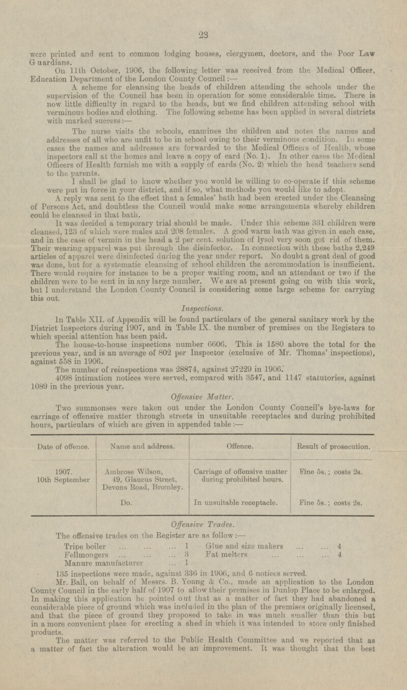 were printed and sent to common lodging houses, clergymen, doctors, and the Poor Law Guardians. On 11th October, 1906, the following letter was received from the Medical Officer, Education Department of the London County Council: — A scheme for cleansing the heads of children attending the schools under the supervision of the Council has been in operation for some considerable time. There is now little difficulty in regard to the heads, but we find children attending school with verminous bodies and clothing. The following scheme has been applied in several districts with marked success:— The nurse visits the schools, examines the children and notes the names and addresses of all who are unfit to be in school owing to their verminous condition. In some cases the names and addresses are forwarded to the Medical Officers of Health, whose inspectors call at the homes and leave a copy of card (No. 1). In other cases the Medical Officers of Health furnish me with a supply of cards (No. 2) which the head teachers send to the parents. I shall be glad to know whether you would be willing to co-operate if this scheme were put in force in your district, and if so, what methods you would like to adopt. A reply was sent to the effect that a females' bath had been erected under the Cleansing of Persons Act, and doubtless the Council would make some arrangements whereby children could be cleansed in that bath. It was decided a temporary trial should be made. Under this scheme 331 children were cleansed, 123 of which were males and 208 females. A good warm bath was given in each case, and in the case of vermin in the head a 2 per cent, solution of lysol very soon got rid of them. Their wearing apparel was put through the disinfector. In connection with these baths 2,249 articles of apparel were disinfected during the year under report. No doubt a great deal of good was done, but for a systematic cleansing of school children the accommodation is insufficient. There would require for instance to be a proper waiting room, and an attendant or two if the children were to be sent in in any large number. We are at present going on with this work, but I understand the London County Council is considering some large scheme for carrying this out. Inspections. In Table XII. of Appendix will be found particulars of the general sanitary work by the District Inspectors during 1907, and in Table IX. the number of premises on the Registers to which special attention has been paid. The house-to-house inspections number 6600. This is 1580 above the total for the previous year, and is an average of 802 per Inspector (exclusive of Mr. Thomas' inspections), against 558 in 1906. The number of reinspections was 28874, against 27229 in 1906. 4098 intimation notices were served, compared with 3547, and 1147 statutories, against 1089 in the previous year. Offensive Matter. Two summonses were taken out under the London County Council's bye-laws for carriage of offensive matter through streets in unsuitable receptacles and during prohibited hours, particulars of which are given in appended table :— Date of offence. Offence. Result of prosecution. Name and address. 1907. 10th September Carriage of offensive matter during prohibited hours. Fine 5s.; costs 2s. Ambrose Wilson, 49, Glaucus Street, Devons Road, Bromley. Fine 5s.; costs 2s. In unsuitable receptacle. Do. Offensive Trades. The offensive trades on the Register are as follow:— Tripe boiler 1 Glue and size makers 4 Fellmongers 3 Fat melters 4 Manure manufacturer 1 135 inspections were made, against 336 in 1906, and 6 notices served. Mr. Ball, on behalf of Messrs. B. Young & Co., made an application to the London County Council in the early half of 1907 to allow their premises in Dunlop Place to be enlarged. In making this application he pointed out that as a matter of fact they had abandoned a considerable piece of ground which was included in the plan of the premises originally licensed, and that the piece of ground they proposed to take in was much smaller than this but in a more convenient place for erecting a shed in which it was intended to store only finished products. The matter was referred to the Public Health Committee and we reported that as a matter of fact the alteration would be an improvement. It was thought that the best