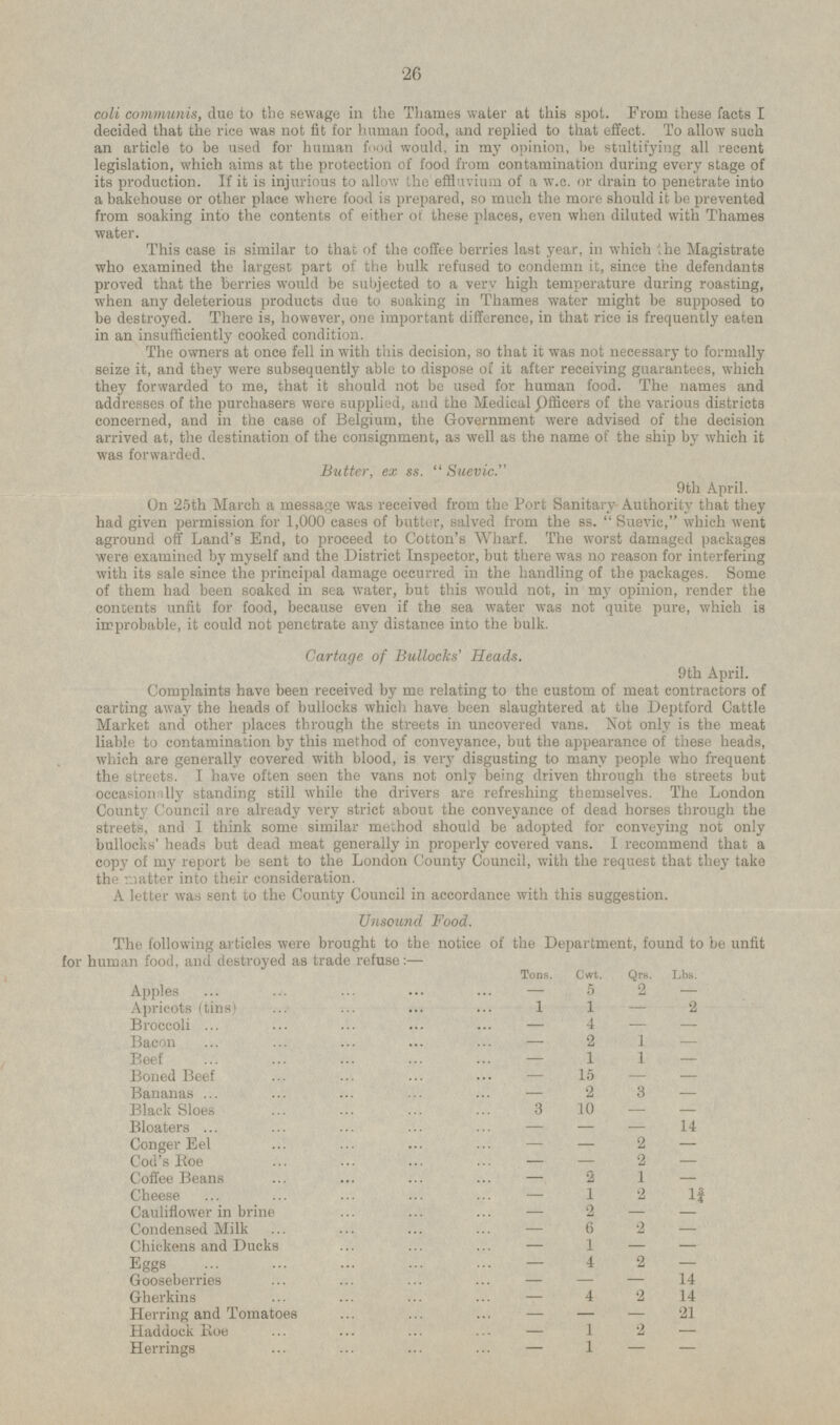 coli communis, due to the sewage in the Thames water at this spot. From these facts I decided that the rice was not fit for human food, and replied to that effect. To allow such an article to be used for human food would, in my opinion, be stultifying all recent legislation, which aims at the protection of food from contamination during every stage of its production. If it is injurious to allow the effluvium of a w.c. or drain to penetrate into a bakehouse or other place where food is prepared, so much the more should it be prevented from soaking into the contents of either of these places, even when diluted with Thames water. This case is similar to that of the coffee berries last year, in which the Magistrate who examined the largest part of the bulk refused to condemn it, since the defendants proved that the berries would be subjected to a very high temperature during roasting, when any deleterious products due to soaking in Thames water might be supposed to be destroyed. There is, however, one important difference, in that rice is frequently eaten in an insufficiently cooked condition. The owners at once fell in with this decision, so that it was not necessary to formally seize it, and they were subsequently able to dispose of it after receiving guarantees, which they forwarded to me, that it should not be used for human food. The names and addresses of the purchasers were supplied, and the Medical Officers of the various districts concerned, and in the case of Belgium, the Government were advised of the decision arrived at, the destination of the consignment, as well as the name of the ship by which it was forwarded. Butter, ex ss.  Suevic. 9th April. On 25th March a message was received from the Port Sanitary Authority that they had given permission for 1,000 cases of butter, salved from the ss.  Suevic, which went aground off Land's End, to proceed to Cotton's Wharf. The worst damaged packages were examined by myself and the District Inspector, but there was no reason for interfering with its sale since the principal damage occurred in the handling of the packages. Some of them had been soaked in sea water, but this would not, in my opinion, render the concents unfit for food, because even if the sea water was not quite pure, which is improbable, it could not penetrate any distance into the bulk. Cartage of Bullocks' Heads. 9th April. Complaints have been received by me relating to the custom of meat contractors of carting away the heads of bullocks which have been slaughtered at the Deptford Cattle Market and other places through the streets in uncovered vans. Not only is the meat liable to contamination by this method of conveyance, but the appearance of these heads, which are generally covered with blood, is very disgusting to many people who frequent the streets. I have often seen the vans not only being driven through the streets but occasion illy standing still while the drivers are refreshing themselves. The London County Council are already very strict about the conveyance of dead horses through the streets, and I think some similar method should be adopted for conveying not only bullocks' heads but dead meat generally in properly covered vans. I recommend that a copy of my report be sent to the London County Council, with the request that they take the natter into their consideration. A letter was sent to the County Council in accordance with this suggestion. Unsound Food. The following articles were brought to the notice of the Department, found to be unfit for human food, and destroyed as trade refuse: — Tons. Cwt. Qrs. Lbs. Apples 1 5 2 2 Apricots (tins) 1 1 - 2 Broccoli - 4 - - Bacon - 2 1 - Beef - 1 1 - Boned Beef - 15 - - Bananas - 2 3 - Black Sloes 3 10 - - Bloaters - - - 14 Conger Eel - - 2 - Cod's Roe - - 2 - Coffee Beans - 2 1 - Cheese - 1 2 1¾ Cauliflower in brine - 2 - - Condensed Milk - 6 2 - Chickens and Ducks - 1 - - Eggs - 4 2 - Gooseberries - - - 14 Gherkins - 4 2 14 Herring and Tomatoes - - - 21 Haddock Roe - 1 2 - Herrings - 1 - -