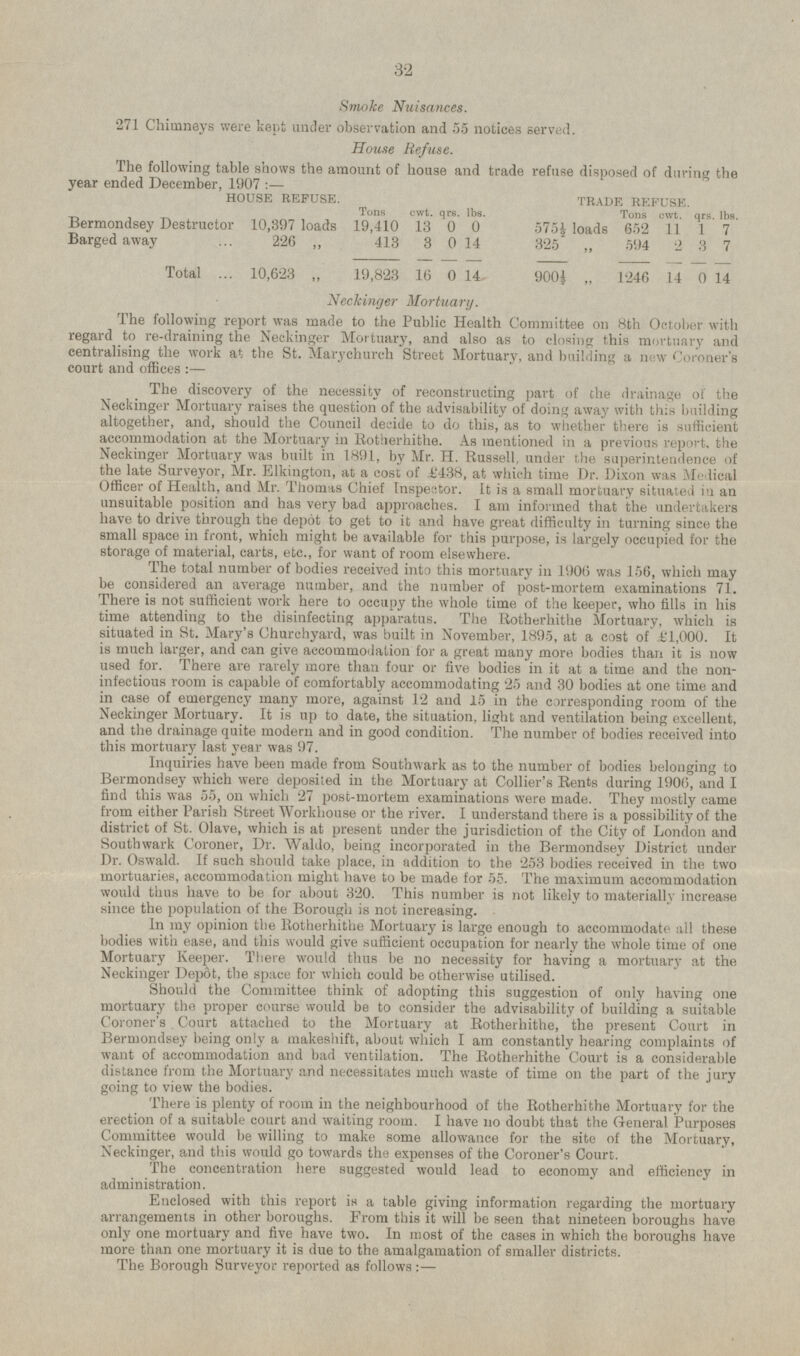 Smoke Nuisances. 271 Chimneys were kept under observation and 55 notices served. House Refuse. The following table shows the amount of house and trade refuse disposed of during the year ended December, 1907:- HOUSE REFUSE. TRADE REFUSE. Tons. cwt. qrs. lbs. Tons. lbs. cwt. 11 2 14 qrs. Bermondsey Destructor 10,397 loads 19,410 13 3 0 0 575½ loads 652 1 7 Barged away 226 „ 413 0 14 325 „ 594 3 7 16 0 14 900½ „ 1246 0 14 Total 10,623 „ 19,823 Neckinger Mortuary. The following report was made to the Public Health Committee on 8th October with regard to re-draining the Neckinger Mortuary, and also as to closing this mortuary and centralising the work at the St. Marychurch Street Mortuary, and building a new Coroner's court and offices : — The discovery of the necessity of reconstructing part of the drainage of the Neckinger Mortuary raises the question of the advisability of doing away with this building altogether, and, should the Council decide to do this, as to whether there is sufficient accommodation at the Mortuary in Rotherhithe. As mentioned in a previous report, the Neckinger Mortuary was built in 1891, by Mr. H. Russell, under the superintendence of the late Surveyor, Mr. Elkington, at a cost of £438, at which time Dr. Dixon was Medical Officer of Health, and Mr. Thomas Chief Inspector. It is a small mortuary situated in an unsuitable position and has very bad approaches. I am informed that the undertakers have to drive through the depot to get to it and have great difficulty in turning since the small space in front, which might be available for this purpose, is largely occupied for the storage of material, carts, etc., for want of room elsewhere. The total number of bodies received into this mortuary in 1906 was 156, which may be considered an average number, and the number of post-mortem examinations 71. There is not sufficient work here to occupy the whole time of the keeper, who fills in his time attending to the disinfecting apparatus. The Rotherhithe Mortuary, which is situated in St. Mary's Churchyard, was built in November, 1895, at a cost of £1,000. It is much larger, and can give accommodation for a great many more bodies than it is now used for. 1 here are rarely more than four or five bodies in it at a time and the non infectious room is capable of comfortably accommodating 25 and 30 bodies at one time and in case of emergency many more, against 12 and 15 in the corresponding room of the Neckinger Mortuary. It is up to date, the situation, light and ventilation being excellent, and the drainage quite modern and in good condition. The number of bodies received into this mortuary last year was 97. Inquiries have been made from Southwark as to the number of bodies belonging to Bermondsey which were deposited in the Mortuary at Collier's Rents during 1906, and I find this was 55, on which 27 post-mortem examinations were made. They mostly came from either Parish Street Workhouse or the river. I understand there is a possibility of the district of St. Olave, which is at present under the jurisdiction of the City of London and Southwark Coroner, Dr. Waldo, being incorporated in the Bermondsey District under Dr. Oswald. If such should take place, in addition to the 253 bodies received in the two mortuaries, accommodation might have to be made for 55. The maximum accommodation would thus have to be for about 320. This number is not likely to materially increase since the population of the Borough is not increasing. In my opinion the Rotherhithe Mortuary is large enough to accommodate all these bodies with ease, and this would give sufficient occupation for nearly the whole time of one Mortuary Keeper. There would thus be no necessity for having a mortuary at the Neckinger Depot, the space for which could be otherwise utilised. Should the Committee think of adopting this suggestion of only having one mortuary the proper course would be to consider the advisability of building a suitable Coroner's Court attached to the Mortuary at Rotherhithe, the present Court in Bermondsey being only a makeshift, about which I am constantly hearing complaints of want of accommodation and bad ventilation. The Rotherhithe Court is a considerable distance from the Mortuary and necessitates much waste of time on the part of the jury going to view the bodies. There is plenty of room in the neighbourhood of the Rotherhithe Mortuary for the erection of a suitable court and waiting room. I have 110 doubt that the General Purposes Committee would be willing to make some allowance for the site of the Mortuary, Neckinger, and this would go towards the expenses of the Coroner's Court. The concentration here suggested would lead to economy and efficiency in administration. Enclosed with this report is a table giving information regarding the mortuary arrangements in other boroughs. From this it will be seen that nineteen boroughs have only one mortuary and five have two. In most of the cases in which the boroughs have more than one mortuary it is due to the amalgamation of smaller districts. The Borough Surveyor reported as follows:—