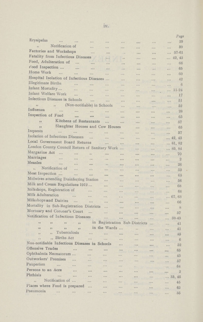 iv. Page Erysipelas 29 „ Notification of 39 Factories and Workshops 57-61 Fatality from Infectious Diseases 42, 43 Food, Adulteration of 66 Food Inspection 65 Home Work 60 Hospital Isolation of Infectious Diseases 42 Illegitimate Births 6 Infant Mortality 11-24 Infant Welfare Work 17 Infectious Diseases in Schools 51 „ „ (Non-notifiable) in Schools 52 Influenza 28 Inspection of Food 65 „ Kitchens of Restaurants 57 „ Slaughter Houses and Cow Houses 65 Inquests 37 Isolation of Infectious Diseases 42, 43 Local Government Board Returns 81. 82 London County Council Return of Sanitary Work 83, 84 Margarine Act 70 Marriages 2 Measles 26 „ Notification of 52 Meat Inspection 65 Midwives attending Disinfecting Station 56 Milk and Cream Regulations 1912 68 Miikshops, Registration of 66 Milk Adulteration 67, 68 Milkshopsand Dairies 66 Mortality in Sub-Registration Districts 8 Mortuary and Coroner's Court 37 Notification of Infectious Diseases 38-43 „ „ ,, „ in Registration Sub Districts 41 „ „ „ „ in the Wards 41 „ „ Tuberculosis 45 ,, ,, Births Act 6 Non-notifiable Infectious Diseases in Schools 52 Offensive Trades 65 Ophthalmia Neonatorum 45 Outworkers' Premises 57 Pauperism 64 Persons to an Acre 2 Phthisis 33, 45 „ Notification of 45 Places where Food is prepared 65 Pneumonia 35