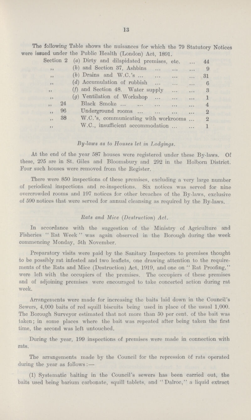 13 The following Table shows the nuisances for which the 79 Statutory Notices were issued under the Public Health (London) Act, 1891. Section 2 (a) Dirty and dilapidated premises, etc. 44 „ (b) and Section 37, Ashbins 9 „ (c) Drains and W.C.'s 31 „ (d) Accumulation of rubbish 6 „ (f) and Section 48. Water supply 3 „ (g) Ventilation of Workshop 1 „ 24 Black Smoke 4 „ 96 Underground rooms 2 „ 38 W.C.'s, communicating with workrooms 2 „ W.C., insufficient accommodation 1 By-laws as to Houses let in Lodgings. At the end of the year 587 houses were registered under these By-laws. Of these, 295 are in St. Giles and Bloomsbury and 292 in the Holborn District. Four such houses were removed from the Register. There were 850 inspections of these premises, excluding a very large number of periodical inspections and re-inspections. Six notices was served for nine overcrowded rooms and 197 notices for other breaches of the By-laws, exclusive of 590 notices that were served for annual cleansing as required by the By-laws. Rats and Mice (Destruction) Act. In accordance with the suggestion of the Ministry of Agriculture and Fisheries Rat Week was again observed in the Borough during the week commencing Monday, 5th November. Preparatory visits were paid by the Sanitary Inspectors to premises thought to be possibly rat infested and two leaflets, one drawing attention to the require ments of the Rats and Mice (Destruction) Act, 1919, and one on Rat Proofing, were left with the occupiers of the premises. The occupiers of these premises and of adjoining premises were encouraged to take concerted action during rat week. Arrangements were made for increasing the baits laid down in the Council's Sewers, 4,000 baits of red squill biscuits being used in place of the usual 1,000. The Borough Surveyor estimated that not more than 50 per cent. of the bait was taken; in some places where the bait was repeated after being taken the first time, the second was left untouched. During the year, 199 inspections of premises were made in connection with rats. The arrangements made by the Council for the repression of rats operated during the year as follows:— (1) Systematic baiting in the Council's sewers has been carried out, the baits used being barium carbonate, squill tablets, and Dalroc, a liquid extract