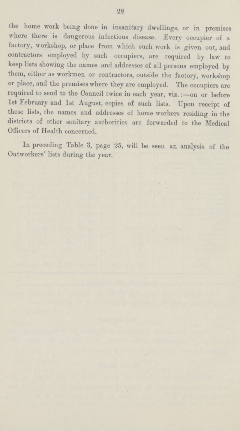 28 the home work being done in insanitary dwellings, or in premises where there is dangerous infectious disease. Every occupier of a factory, workshop, or place from which such work is given out, and contractors employed by such occupiers, are required by law to keep lists showing the names and addresses of all persons employed by them, either as workmen or contractors, outside the factory, workshop or place, and the premises where they are employed. The occupiers are required to send to the Council twice in each year, viz.:—on or before 1st February and 1st August, copies of such lists. Upon receipt of these lists, the names and addresses of home workers residing in the districts of other sanitary authorities are forwarded to the Medical Officers of Health concerned. In preceding Table 3, page 25, will be seen an analysis of the Outworkers' lists during the year.