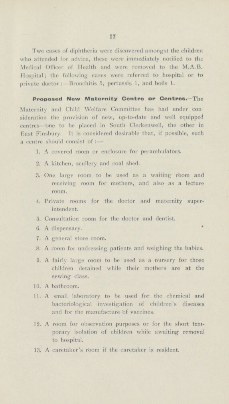17 Two cases of diphtheria were discovered amongst the children who attended for advice, these were immediately notified to the Medical Officer of Health and were removed to the M.A.B. Hospital; the following cases were referred to hospital or to private doctor: Bronchitis 5, pertussis 1, and boils 1. Proposed Now Maternity Centre or Contres. The Maternity and Child Welfare Committee has had under con' sideration the provision of new, up-to-date and well equipped centres—one to he placed in South Clerkenwell, the other in East Finsbury. It is considered desirable that, if possible, such a centre should consist of :— 1. A covered room or enclosure for perambulators. 2. A kitchen, scullery and coal shed. 3. One large room to be used as a waiting room and receiving room for mothers, and also as a lecture room. 4. Private rooms for the doctor and maternity super¬ intendent. 5. Consultation room for the doctor and dentist. 6. A dispensary. 7. A general store room. 8. A room for undressing patients and weighing the babies. 9. A fairly large room to be used as a nursery for those children detained while their mothers are at the sewing class. 10. A bathroom. 11. A small laboratory to be used for the chemical and bacteriological investigation of children's diseases and for the manufacture of vaccines. 12. A room for observation purposes or for the short tem¬ porary isolation of children while awaiting removwi to hospital. 13. A caretaker's room if the caretaker is resident.