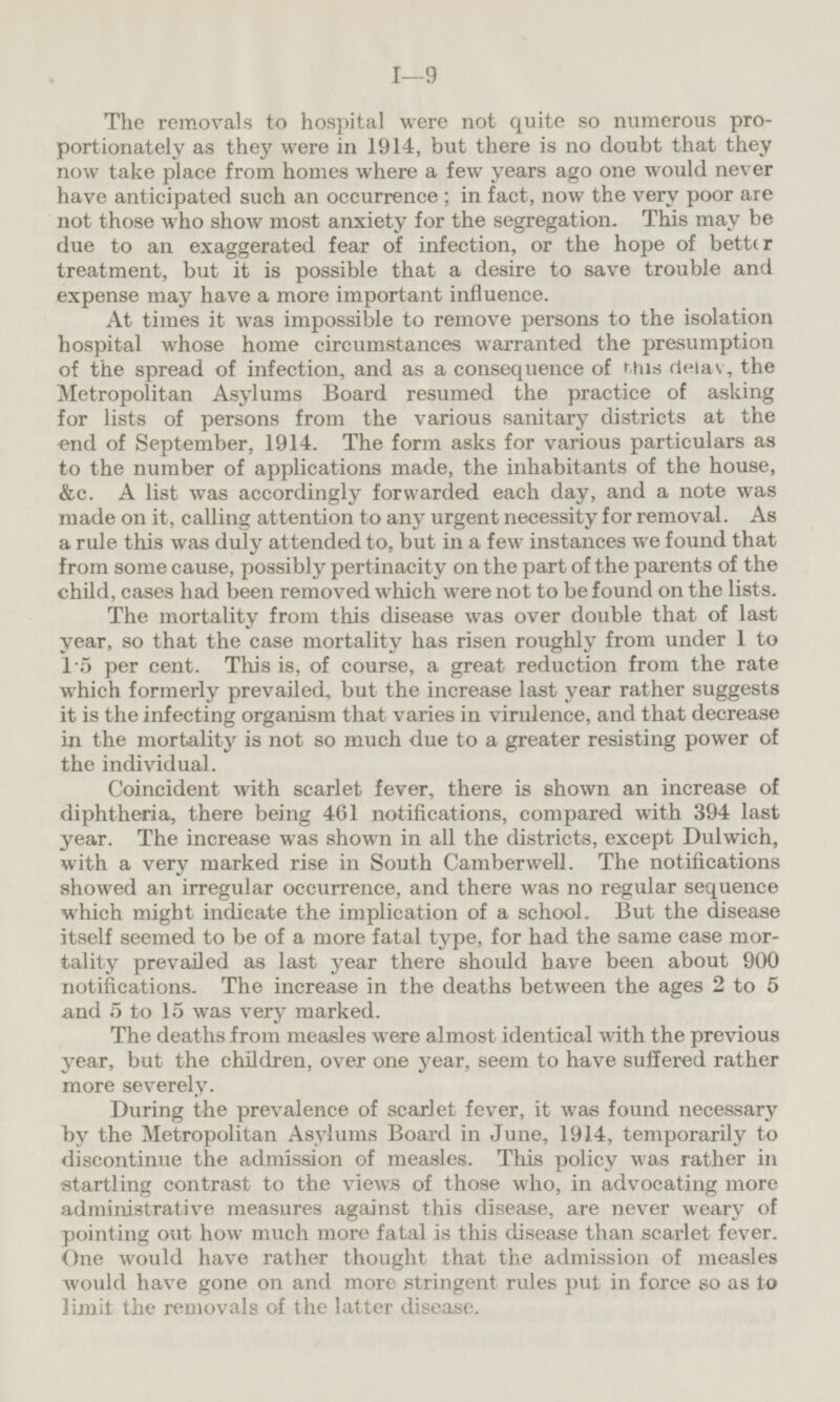 The removals to hospital were not quite so numerous proportionately as they were in 1914, but there is no doubt that they now take place from homes where a few years ago one would never have anticipated such an occurrence; in fact, now the very poor are not those who show most anxiety for the segregation. This may be due to an exaggerated fear of infection, or the hope of better treatment, but it is possible that a desire to save trouble and expense may have a more important influence. At times it was impossible to remove persons to the isolation hospital whose home circumstances warranted the presumption of the spread of infection, and as a consequence of this delay, the Metropolitan Asylums Board resumed the practice of asking for lists of persons from the various sanitary districts at the end of September, 1914. The form asks for various particulars as to the number of applications made, the inhabitants of the house, &c. A list was accordingly forwarded each day, and a note was made on it, calling attention to any urgent necessity for removal. As a rule this was duly attended to, but in a few instances we found that from some cause, possibly pertinacity on the part of the parents of the child, cases had been removed which were not to be found on the lists. The mortality from this disease was over double that of last year, so that the case mortality has risen roughly from under 1 to 1.5 per cent. This is, of course, a great reduction from the rate which formerly prevailed, but the increase last year rather suggests it is the infecting organism that varies in virulence, and that decrease in the mortality is not so much due to a greater resisting power of the individual. Coincident with scarlet fever, there is shown an increase of diphtheria, there being 461 notifications, compared with 394 last year. The increase was shown in all the districts, except Dulwich, with a very marked rise in South Camberwell. The notifications showed an irregular occurrence, and there was no regular sequence which might indicate the implication of a school. But the disease itself seemed to be of a more fatal type, for had the same ease mortality prevailed as last year there should have been about 900 notifications. The increase in the deaths between the ages 2 to 5 and 5 to 15 was very marked. The deaths from measles were almost identical with the previous year, but the children, over one year, seem to have suffered rather more severely. During the prevalence of scarlet fever, it was found necessary by the Metropolitan Asylums Board in June, 1914, temporarily to discontinue the admission of measles. This policy was rather in startling contrast to the views of those who, in advocating more administrative measures against this disease, are never weary of pointing out how much more fatal is this disease than scarlet fever. One would have rather thought that the admission of measles would have gone on and more stringent rules put in force so as to limit the removals of the latter disease.