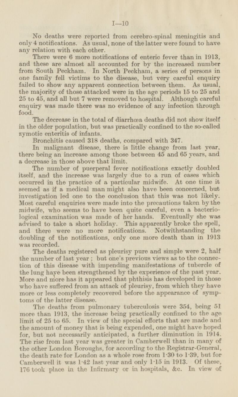 No deaths were reported from cerebro-spinal meningitis and only 4 notifications. As usual, none of the latter were found to have any relation with each other. There were 6 more notifications of enteric fever than in 1913, and these are almost all accounted for by the increased number from South Peckham. In North Peckham, a series of persons in one family fell victims to the disease, but very careful enquiry failed to show any apparent connection between them. As usual, the majority of those attacked were in the age periods 15 to 25 and 25 to 45, and all but 7 were removed to hospital. Although careful enquiry was made there was no evidence of any infection through food. The decrease in the total of diarrhæa deaths did not show itself in the older population, but was practically confined to the so-called zymotic enteritis of infants. Bronchitis caused 318 deaths, compared with 347. In malignant disease, there is little change from last year, there being an increase among those between 45 and 65 years, and a decrease in those above that limit. The number of puerperal fever notifications exactly doubled itself, and the increase was largely due to a run of cases which occurred in the practice of a particular midwife. At one time it seemed as if a medical man might also have been concerned, but investigation led one to the conclusion that this was not likely. Most careful enquiries were made into the precautions taken by the midwife, who seems to have been quite careful, even a bacteriological examination was made of her hands. Eventually she was advised to take a short holiday. This apparently broke the spell, and there were no more notifications. Notwithstanding the doubling of the notifications, only one more death than in 1913 was recorded. The deaths registered as pleurisy pure and simple were 2, half the number of last year; but one's previous views as to the connection of this disease with impending manifestations of tubercle of the lung have been strengthened by the experience of the past year. More and more has it appeared that phthisis has developed in those who have suffered from an attack of pleurisy, from which they have more or less completely recovered before the appearance of symptoms of the latter disease. The deaths from pulmonary tuberculosis were 354, being 51 more than 1913, the increase being practically confined to the age limit of 25 to 65. In view of the special efforts that are made and the amount of money that is being expended, one might have hoped for, but not necessarily anticipated, a further diminution in 1914. The rise from last year was greater in Camberwell than in many of the other London Boroughs, for according to the Registrar-General, the death rate for London as a whole rose from 1.30 to 1.39, but for Camberwell it was 1.42 last year and only 1-15 in 1913. Of these, 176 took place in the Infirmary or in hospitals, &c. In view of