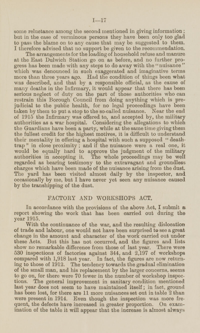 some reluctance among the second mentioned in giving information; but in the case of verminous persons they have been only too glad to pass the blame on to any cause that may be suggested to them. I therefore advised that no support be given to the recommendation. The arrangements for the loading of household refuse and manure at the East Dulwich Station go on as before, and no further pro gress has been made with any steps to do away with the nuisance which was denounced in such exaggerated and imaginative terms more than three years ago. Had the condition of things been what was described, and that by a responsible official, as the cause of many deaths in the Infirmary, it would appear that there has been serious neglect of duty on the part of those authorities who can restrain this Borough Council from doing anything which is pre judicial to the public health, for no legal proceedings have been taken by them to put a stop to the so-called nuisance. Near the end of 1915 the Infirmary was offered to, and accepted by, the military authorities as a war hospital. Considering the allegations to which the Guardians have been a party, while at the same time giving them the fullest credit for the highest motives, it is difficult to understand their mentality in offering a hospital with such a supposed death trap in close proximity ; and if the nuisance were a real one, it would be equally hard to approve the judgment of the military authorities in accepting it. The whole proceedings may be well regarded as bearing testimony to the extravagant and groundless charges which have been made of the nuisance arising from the dust. The yard has been visited almost daily by the inspector, and occasionally by me, but I have never yet seen any nuisance caused by the transhipping of the dust. FACTORY AND WORKSHOPS ACT. In accordance with the provisions of the above Act, I submit a report showing the work that has been carried out during the year 1915. With the continuance of the war, and the resulting dislocation of trade and labour, one would not have been surprised to see a great change in the amount and character of the work carried out under these Acts. But this has not occurred, and the figures and lists show no remarkable difference from those of last year. There were 530 inspections of factories against 344, and 2,197 of workshops compared with 1,918 last year. In fact, the figures are now return ing to those of 1912. The tendency towards the gradual elimination of the small man, and his replacement by the larger concerns, seems to go on, for there were 70 fewer in the number of workshop inspec tions. The general improvement in sanitary condition mentioned last year does not seem to have maintained itself; in fact, ground has been lost, for there are 11 more nuisances set out in table 2 than were present in 1914. Even though the inspection was more fre quent, the defects have increased in greater proportion. On exam ination of the table it will appear that the increase is almost always
