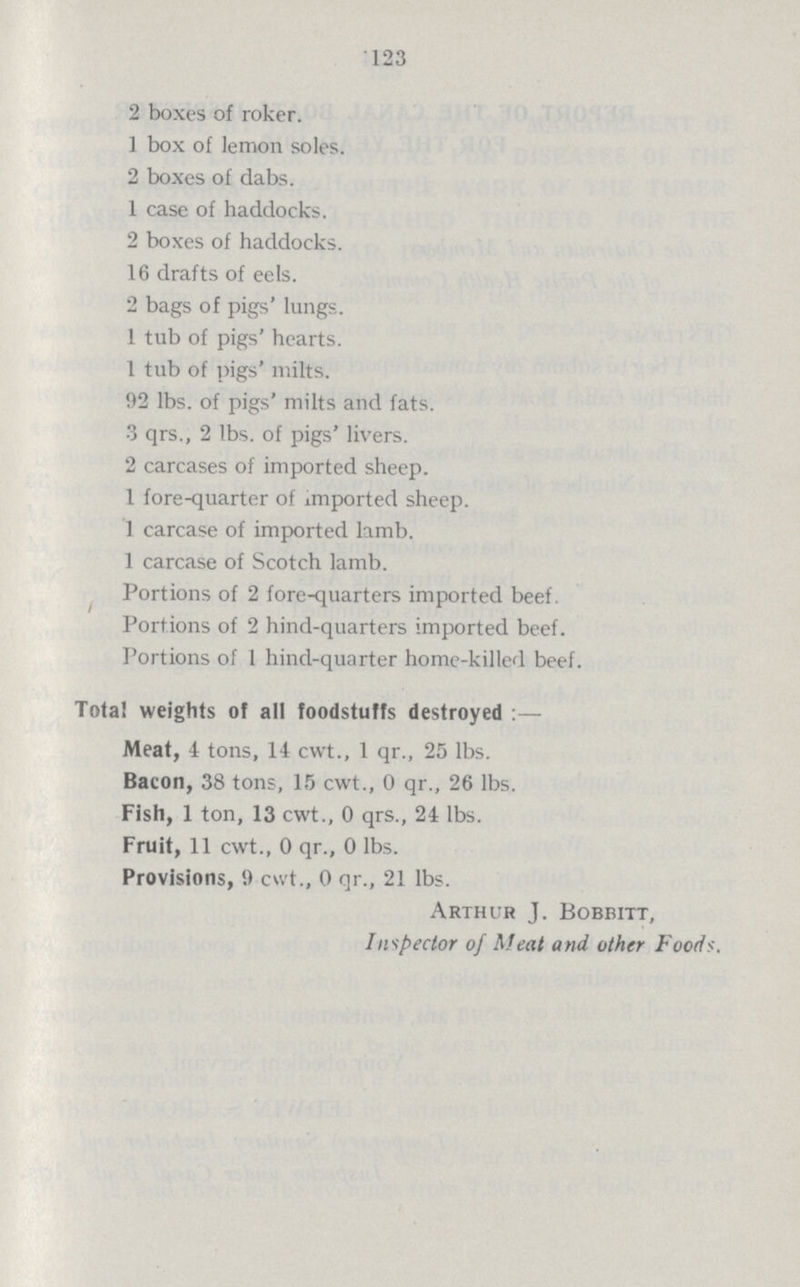 123 2 boxes of roker. 1 box of lemon soles. 2 boxes of dabs. 1 case of haddocks. 2 boxes of haddocks. 16 drafts of eels. 2 bags of pigs' lungs. 1 tub of pigs' hearts. 1 tub of pigs' milts. 92 lbs. of pigs' milts and fats. 3 qrs., 2 lbs. of pigs' livers. 2 carcases of imported sheep. 1 fore-quarter of imported sheep. 1 carcase of imported lamb. 1 carcase of Scotch lamb. Portions of 2 fore-quarters imported beef. Portions of 2 hind-quarters imported beef. Portions of 1 hind-quarter home-killed beef. Total weights of all foodstuffs destroyed:— Meat, 4 tons, 14 cwt., 1 qr., 25 lbs. Bacon, 38 tons, 15 cwt., 0 qr., 26 lbs. Fish, 1 ton, 13 cwt., 0 qrs., 24 lbs. Fruit, 11 cwt., 0 qr., 0 lbs. Provisions, 9 cut., 0 qr., 21 lbs. Arthur J. Bobbitt, Inspector of Meat and other Foods.