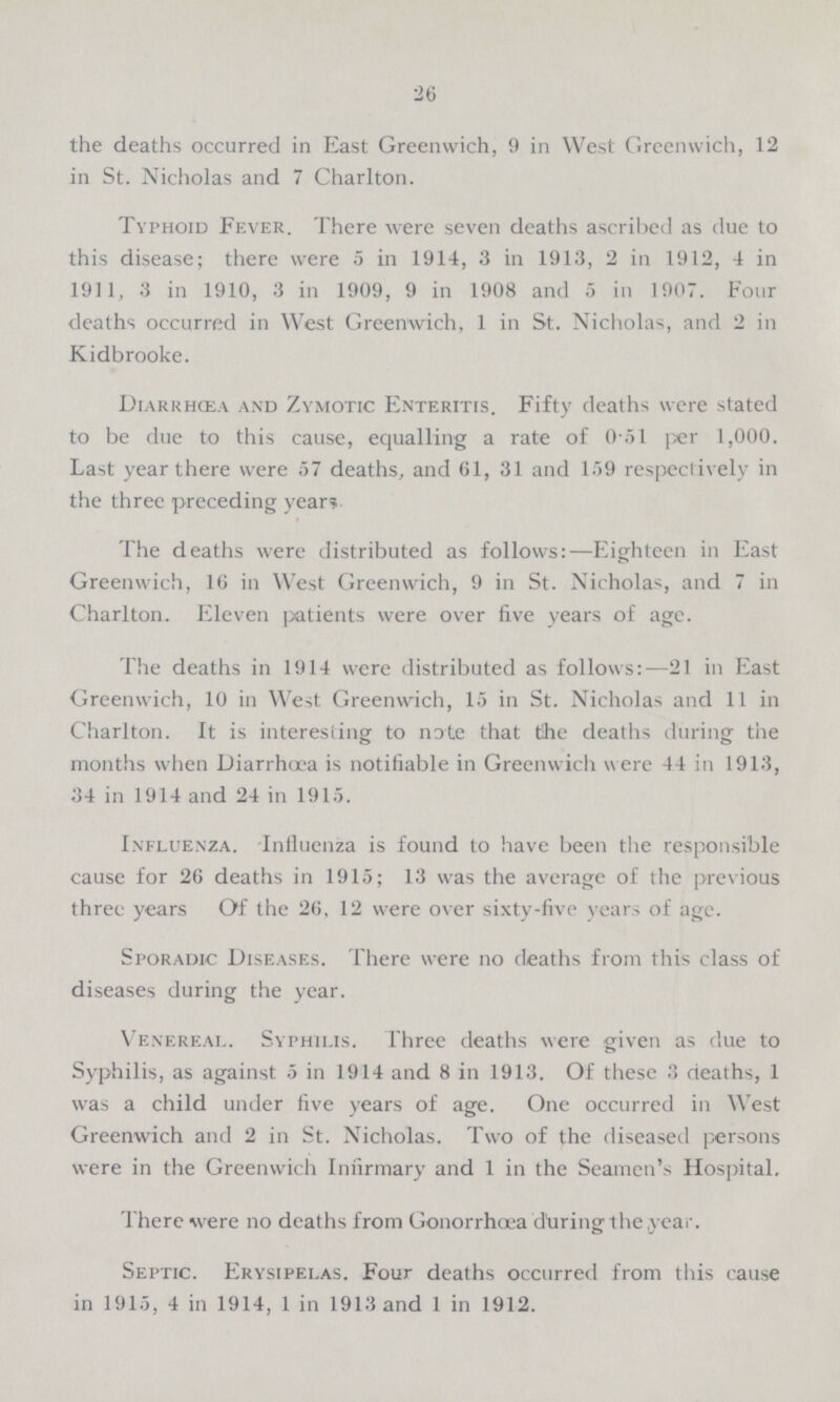 26 the deaths occurred in East Greenwich, 9 in West Greenwich, 12 in St. Nicholas and 7 Charlton. Typhoid Fever. There were seven deaths ascribed as due to this disease; there were 5 in 1914, 3 in 1913, 2 in 1912, 4 in 1911, 3 in 1910, 3 in 1909, 9 in 1908 and 5 in 1907. Four deaths occurred in West Greenwich, 1 in St. Nicholas, and 2 in Kidbrooke. Diarrhœa and Zymotic Enteritis. Fifty deaths were stated to be due to this cause, equalling a rate of 0.51 per 1,000. Last year there were 57 deaths, and 61, 31 and 159 respectively in the three preceding years. The deaths were distributed as follows:—Eighteen in East Greenwich, 16 in West Greenwich, 9 in St. Nicholas, and 7 in Charlton. Eleven patients were over five years of age. The deaths in 1914 were distributed as follows:—21 in East Greenwich, 10 in West Greenwich, 15 in St. Nicholas and 11 in Charlton. It is interesting to note that the deaths during the months when Diarrhœa is notifiable in Greenwich were 44 in 1913, 34 in 1914 and 24 in 1915. Influenza. Influenza is found to have been the responsible cause for 26 deaths in 1915; 13 was the average of the previous three years Of the 26, 12 were over sixty-five years of age. Sporadic Diseases. There were no deaths from this class of diseases during the year. Venereal. Syphilis. Three deaths were given as due to Syphilis, as against 5 in 1914 and 8 in 1913. Of these 3 deaths, 1 was a child under five years of age. One occurred in West Greenwich and 2 in St. Nicholas. Two of the diseased persons were in the Greenwich Infirmary and 1 in the Seamen's Hospital. There were no deaths from Gonorrhœa during the year. Septic. Erysipelas. Four deaths occurred from this cause in 1915, 4 in 1914, 1 in 1913 and 1 in 1912.