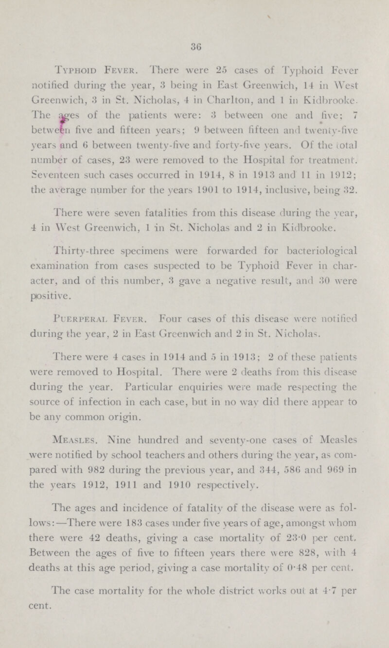 36 Typhoid Fever. There were 25 cases of Typhoid Fever notified during the year, 3 being in East Greenwich, 14 in West Greenwich, 3 in St. Nicholas, 4 in Charlton, and 1 in Kidbrooke. The Mjes of the patients were: 3 between one and five; 7 between five and fifteen years; 9 between fifteen and twenty-five years and 6 between twenty-five and forty-five years. Of the iota] number of cases, 23 were removed to the Hospital for treatment. Seventeen such cases occurred in 1914, 8 in 1913 and 11 in 1912; the average number for the years 1901 to 1914, inclusive, being 32. There were seven fatalities from this disease during the year, 4 in West Greenwich, 1 in St. Nicholas and 2 in Kidbrooke. Thirty-three specimens were forwarded for bacteriological examination from cases suspected to be Typhoid Fever in char acter, and of this number, 3 gave a negative result, and 30 were positive. Puerperal. Fever. Four cases of this disease were notified during the year, 2 in East Greenwich and 2 in St. Nicholas. There were 4 cases in 1914 and 5 in 1913; 2 of these patients were removed to Hospital. There were 2 deaths from this disease during the year. Particular enquiries were made respecting the source of infection in each case, but in no way did there appear to be any common origin. Measles. Nine hundred and seventy-one cases of Measles were notified by school teachers and others during the year, as com pared with 982 during the previous year, and 344, 586 and 969 in the years 1912, 1911 and 1910 respectively. The ages and incidence of fatality of the disease were as fol lows:—There were 183 cases under five vears of age, amongst whom there were 42 deaths, giving a case mortality of 23.0 per cent. Between the ages of five to fifteen years there were 828, with 4 deaths at this age period, giving a case mortality of 0.48 per cent. The case mortality for the whole district works out at 4 7 per cent.