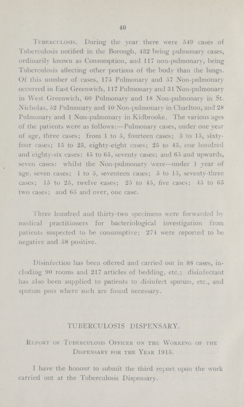 40 Tuberculosis. During the year there were 549 cases of Tuberculosis notified in the Borough, 432 being pulmonary cases, ordinarily known as Consumption, and 117 non-pulmonary, being Tuberculosis affecting other portions of the body than the lungs. Of this number of cases, 175 Pulmonary and 57 Non-pulmonary occurred in East Greenwich, 117 Pulmonary and 31 Non-pulmonary in West Greenwich, 60 Pulmonary and 18 Non-pulmonary in St. Nicholas, 52 Pulmonary and 10 Non-pulmonary in Charlton, and 28 Pulmonary and 1 Non-pulmonary in Kidbrooke. The various ages of the patients were as follows:—Pulmonary cases, under one year of age, three cases; from 1 to 5, fourteen cases; 5 to 15, sixty four cases; 15 to 25, eighty-eight cases; 25 to 45, one hundred and eighty-six cases; 45 to 65, seventy cases; and 65 and upwards, seven cases: whilst the Non-pulmonary Were—under 1 year of age, seven cases; 1 to 5, seventeen cases; 5 to 15, seventy-three cases; 15 to 25, twelve cases; 25 to 45, five cases; 45 to 65 two cases; and 65 and over, one case. Three hundred and thirty-two specimens were forwarded by medical practitioners for bacteriological investigation from patients suspected to be consumptive; 274 were reported to be negative and 58 positive. Disinfection has been offered and carried out in 88 cases, in cluding 90 rooms and 217 articles of bedding, etc.; disinfectant has also been supplied to patients to disinfect sputum, etc., and sputum pots where such are found necessary. TUBERCULOSIS DISPENSARY. Report of Tuberculosis Officer on the Working of the Dispensary for the Year 1915. I have the honour to submit the third report upon the work carried out at the Tuberculosis Dispensary.