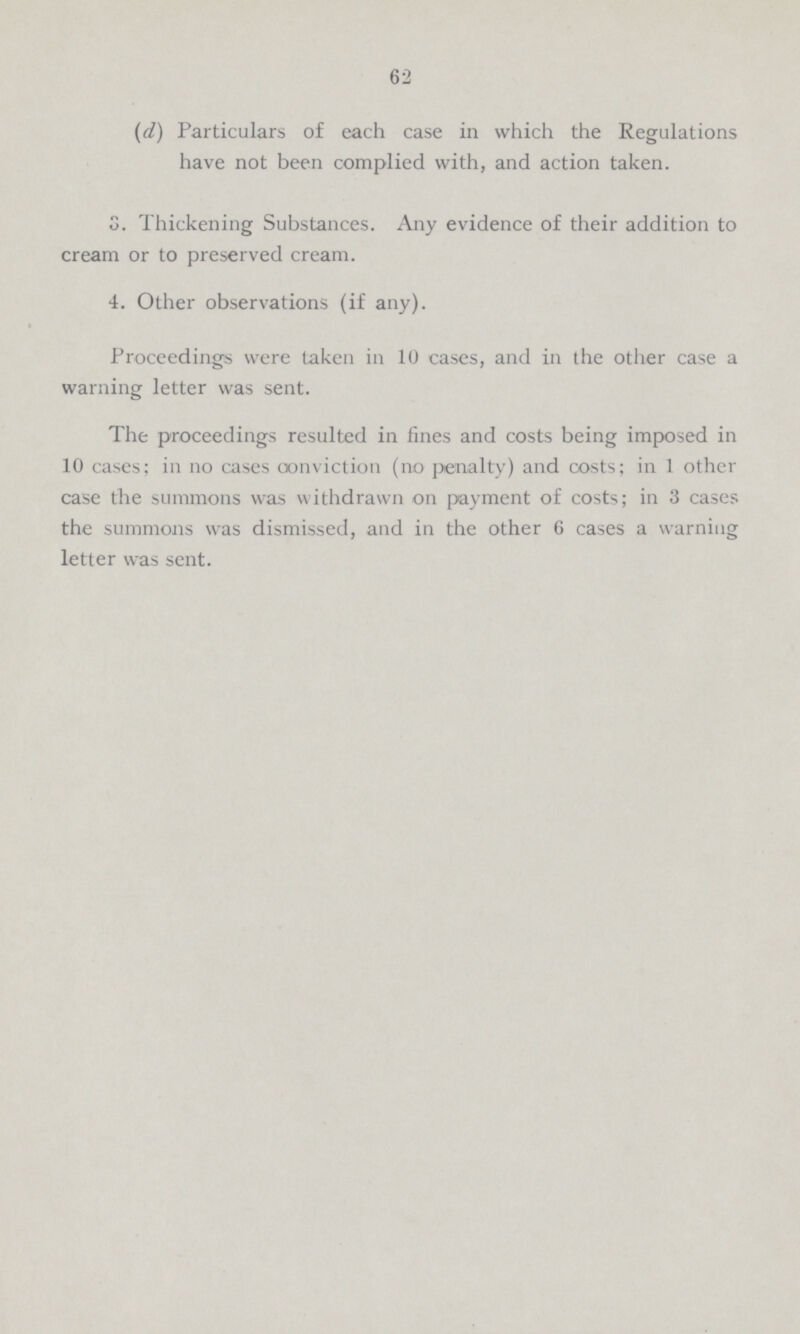 62 (d) Particulars of each case in which the Regulations have not been complied with, and action taken. 3. Thickening Substances. Any evidence of their addition to cream or to preserved cream. 4. Other observations (if any). Proceedings were taken in 10 cases, and in the other case a warning letter was sent. The proceedings resulted in fines and costs being imposed in 10 cases; in no cases conviction (no penalty) and costs; in 1 other case the summons was withdrawn on payment of costs; in 3 cases the summons was dismissed, and in the other 6 cases a warning letter was sent.