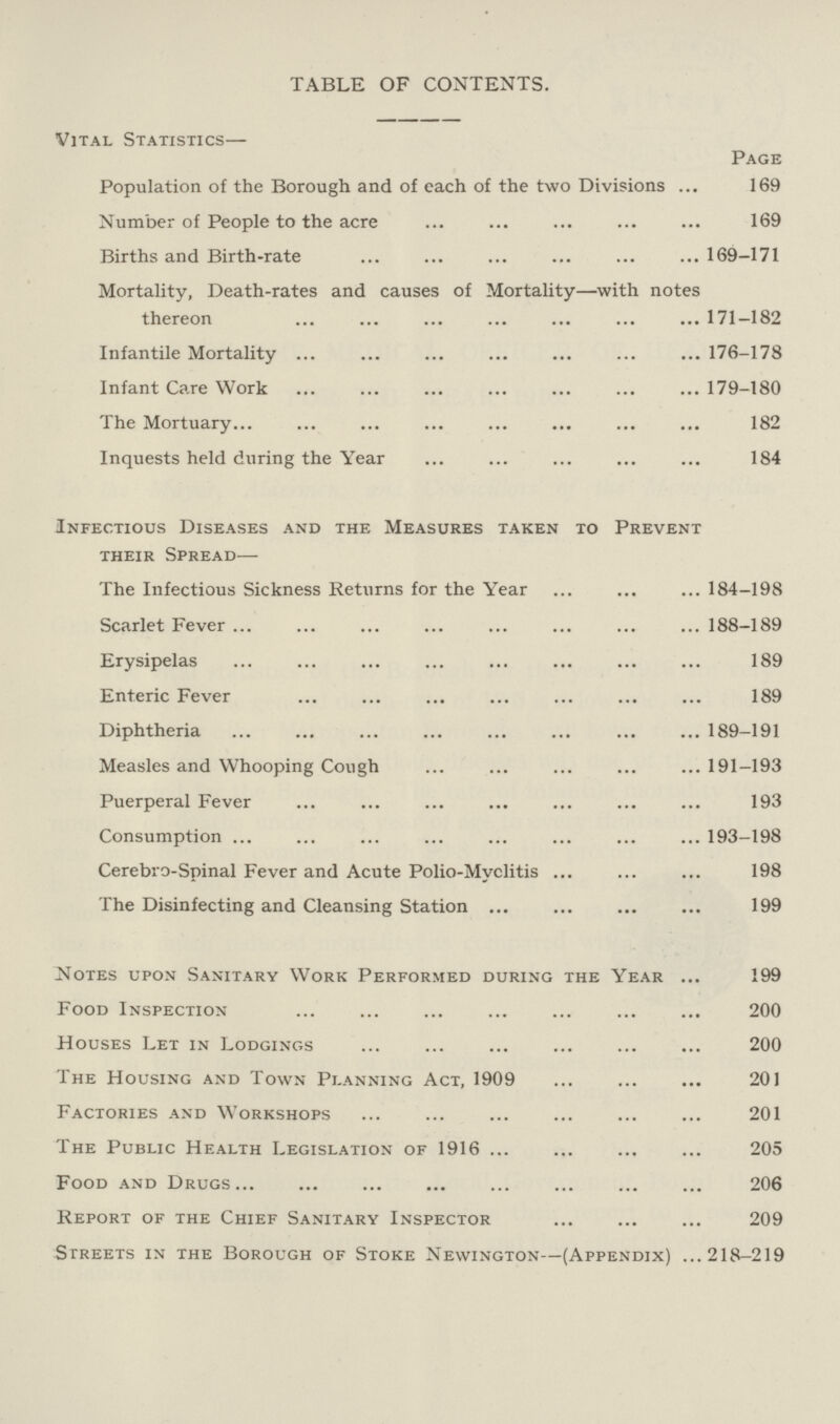 TABLE OF CONTENTS. Vital Statistics— Page Population of the Borough and of each of the two Divisions 169 Number of People to the acre 169 Births and Birth-rate 169-171 Mortality, Death-rates and causes of Mortality—with notes thereon 171-182 Infantile Mortality 176-178 Infant Care Work 179-180 The Mortuary 182 Inquests held during the Year 184 Infectious Diseases and the Measures taken to Prevent their Spread— The Infectious Sickness Returns for the Year 184-198 Scarlet Fever 188-189 Erysipelas 189 Enteric Fever 189 Diphtheria 189-191 Measles and Whooping Cough 191-193 Puerperal Fever 193 Consumption 193-198 Cerebro-Spinal Fever and Acute Polio-Myclitis 198 The Disinfecting and Cleansing Station 199 Notes upon Sanitary Work Performed during the Year 199 Food Inspection 200 Houses Let in Lodgings 200 The Housing and Town Planning Act, 1909 201 Factories and Workshops 201 The Public Health Legislation of 1916 205 Food and Drugs 206 Report of the Chief Sanitary Inspector 209 Streets in the Borough of Stoke Newington—(Appendix) 218-219