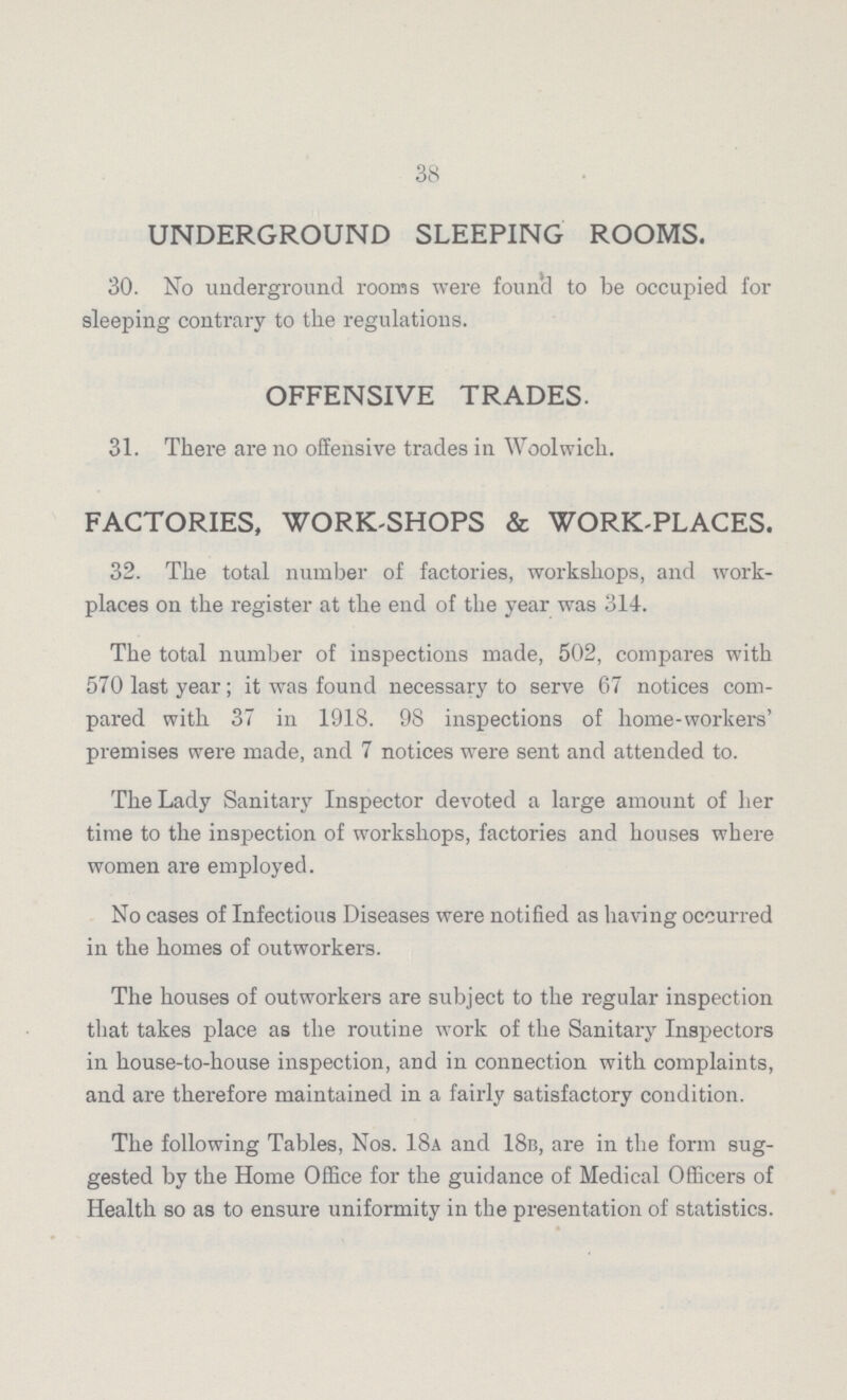 38 UNDERGROUND SLEEPING ROOMS. 30. No underground rooms were found to be occupied for sleeping contrary to the regulations. OFFENSIVE TRADES. 31. There are no offensive trades in Woolwich. FACTORIES, WORK-SHOPS & WORK-PLACES. 32. The total number of factories, workshops, and work places on the register at the end of the year was 314. The total number of inspections made, 502, compares with 570 last year; it was found necessary to serve 67 notices com pared with 37 in 1918. 98 inspections of home-workers' premises were made, and 7 notices were sent and attended to. The Lady Sanitary Inspector devoted a large amount of her time to the inspection of workshops, factories and houses where women are employed. No cases of Infectious Diseases were notified as having occurred in the homes of outworkers. The houses of outworkers are subject to the regular inspection that takes place as the routine work of the Sanitary Inspectors in house-to-house inspection, and in connection with complaints, and are therefore maintained in a fairly satisfactory condition. The following Tables, Nos. 18a and 18b, are in the form sug gested by the Home Office for the guidance of Medical Officers of Health so as to ensure uniformity in the presentation of statistics.
