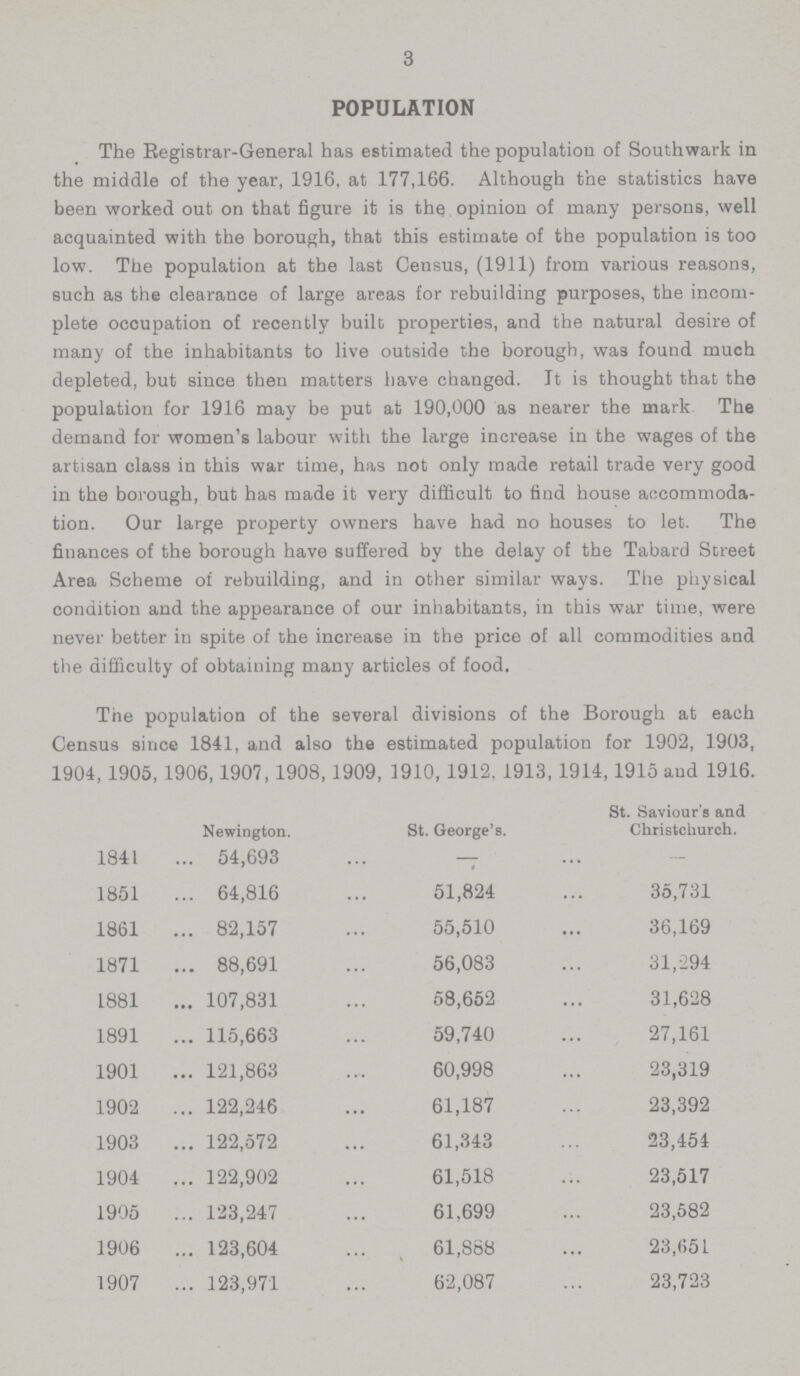 3 POPULATION The Registrar-General has estimated the population of Southwark in the middle of the year, 1916, at 177,166. Although the statistics have been worked out on that figure it is the opinion of many persons, well acquainted with the borough, that this estimate of the population is too low. The population at the last Census, (1911) from various reasons, such as the clearance of large areas for rebuilding purposes, the incom plete occupation of recently built properties, and the natural desire of many of the inhabitants to live outside the borough, was found much depleted, but since then matters have changed. It is thought that the population for 1916 may be put at 190,000 as nearer the mark. The demand for women's labour with the large increase in the wages of the artisan class in this war time, has not only made retail trade very good in the borough, but has made it very difficult to find house accommoda tion. Our large property owners have had no houses to let. The finances of the borough have suffered by the delay of the Tabard Street Area Scheme of rebuilding, and in other similar ways. The physical condition and the appearance of our inhabitants, in this war time, were never better in spite of the increase in the price of all commodities and the difficulty of obtaining many articles of food. The population of the several divisions of the Borough at each Census since 1841, and also the estimated population for 1902, 1903, 1904,1905, 1906,1907,1908,1909, 1910,1912, 1913, 1914,1915 and 1916. Newington. St. George's. St. Saviour's and Christchurch. 1841 54,693 — - 1851 64,816 51,824 35,731 1861 82,157 55,510 36,169 1871 88,691 56,083 31,294 1881 107,831 58,652 31,628 1891 115,663 59,740 27,161 1901 121,863 60,998 23,319 1902 122,246 61,187 23,392 1903 122,572 61,343 23,454 1904 122,902 61,518 23,517 1905 123,247 61,699 23,582 1906 123,604 61,888 23,651 1907 123,971 62,087 23,723