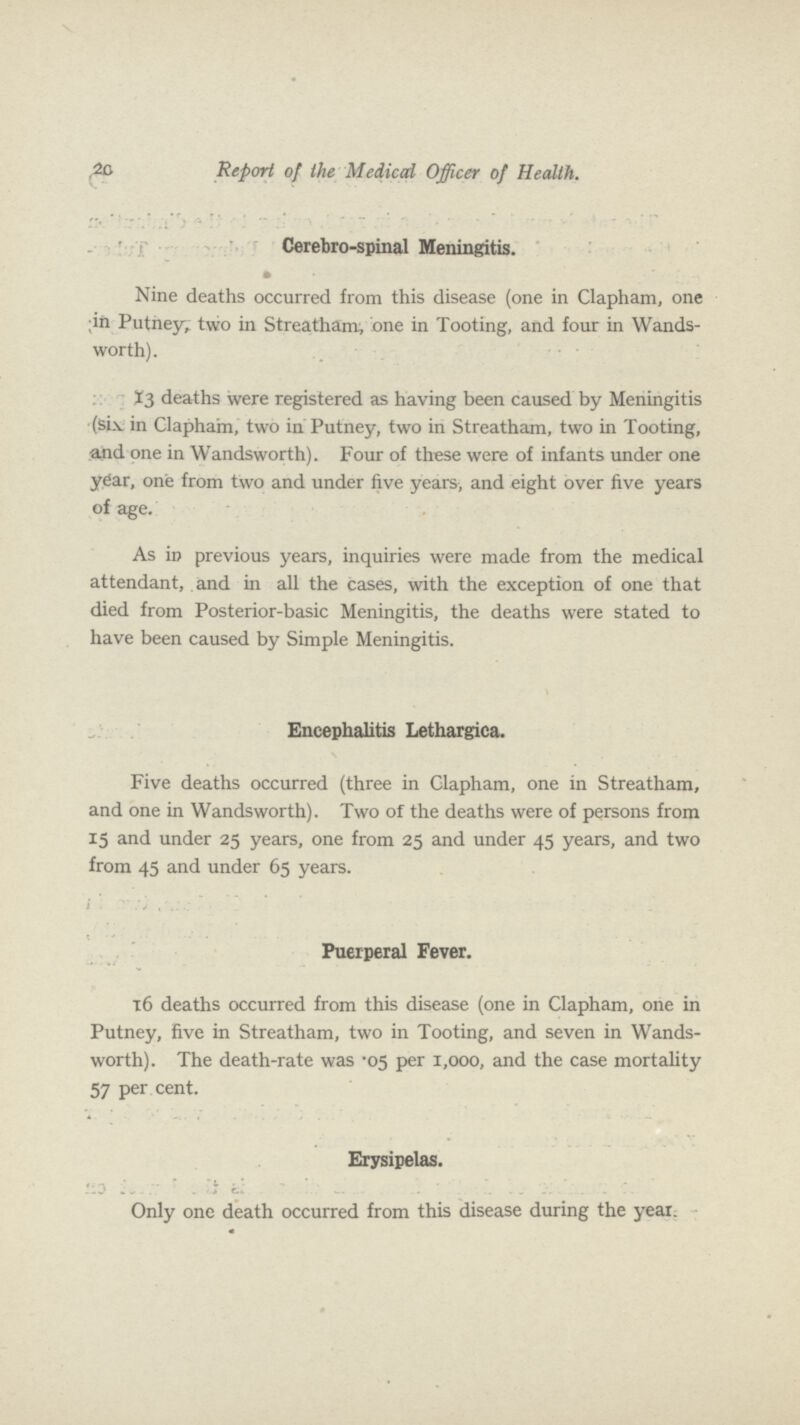 2c Report of the Medical Officer of Health. Cerebro-spinal Meningitis. Nine deaths occurred from this disease (one in Clapham, one in Putney, two in Streatham, one in Tooting, and four in Wands worth). 13 deaths were registered as having been caused by Meningitis (six in Clapham, two in Putney, two in Streatham, two in Tooting, and one in Wandsworth). Four of these were of infants under one year, one from two and under five years, and eight over five years of age. As in previous years, inquiries were made from the medical attendant, and in all the cases, with the exception of one that died from Posterior-basic Meningitis, the deaths were stated to have been caused by Simple Meningitis. Encephalitis Lethargica. Five deaths occurred (three in Clapham, one in Streatham, and one in Wandsworth). Two of the deaths were of persons from 15 and under 25 years, one from 25 and under 45 years, and two from 45 and under 65 years. Puerperal Fever. 16 deaths occurred from this disease (one in Clapham, one in Putney, five in Streatham, two in Tooting, and seven in Wands worth). The death-rate was .05 per 1,000, and the case mortality 57 per cent. Erysipelas. Only one death occurred from this disease during the year.
